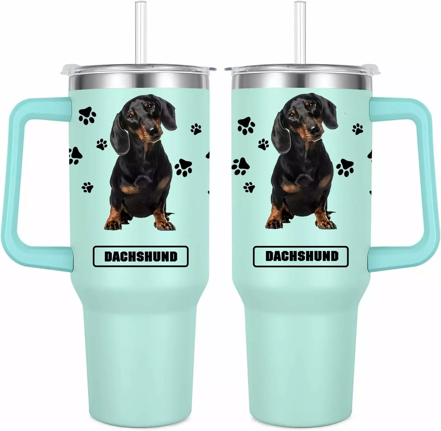 40 Oz Dachshund Tumbler Handle Insulated Stainless Steel Travel Water Bottle Dog Lovers