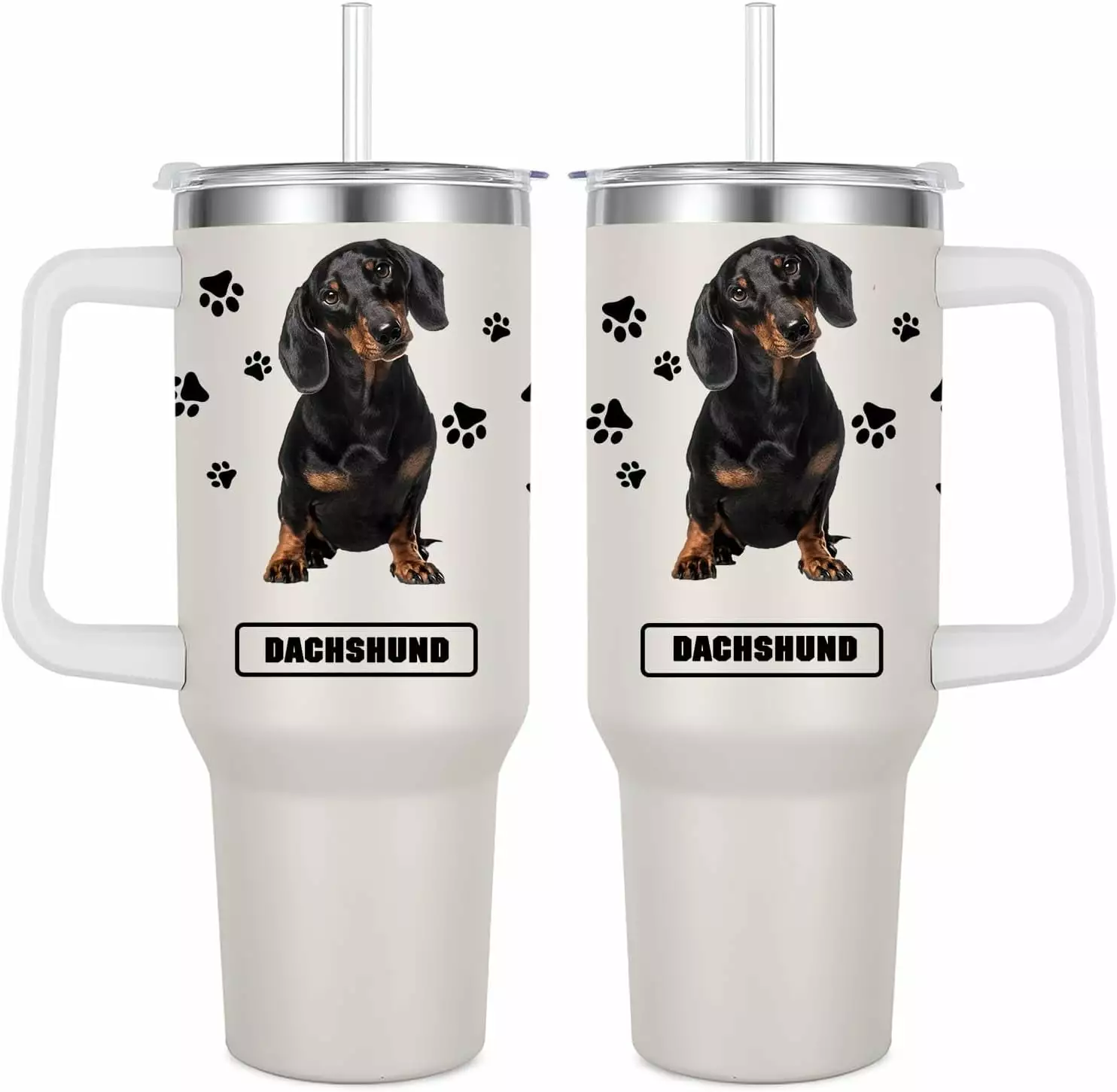 40 Oz Dachshund Tumbler Handle Insulated Stainless Steel Travel Water Bottle Dog Lovers