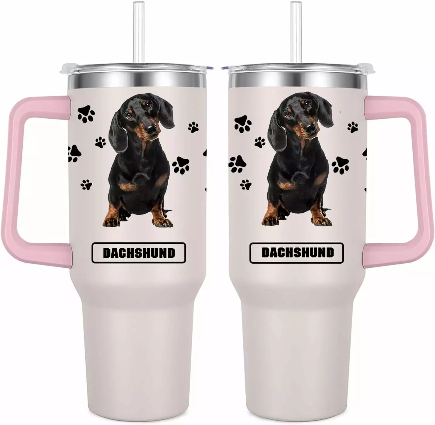40 Oz Dachshund Tumbler Handle Insulated Stainless Steel Travel Water Bottle Dog Lovers
