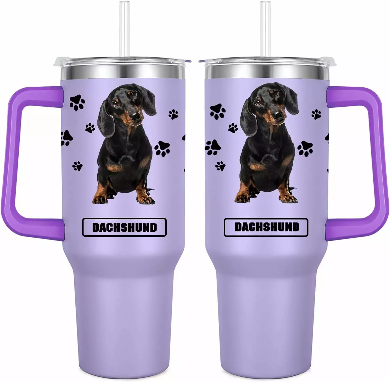 40 Oz Dachshund Tumbler Handle Insulated Stainless Steel Travel Water Bottle Dog Lovers