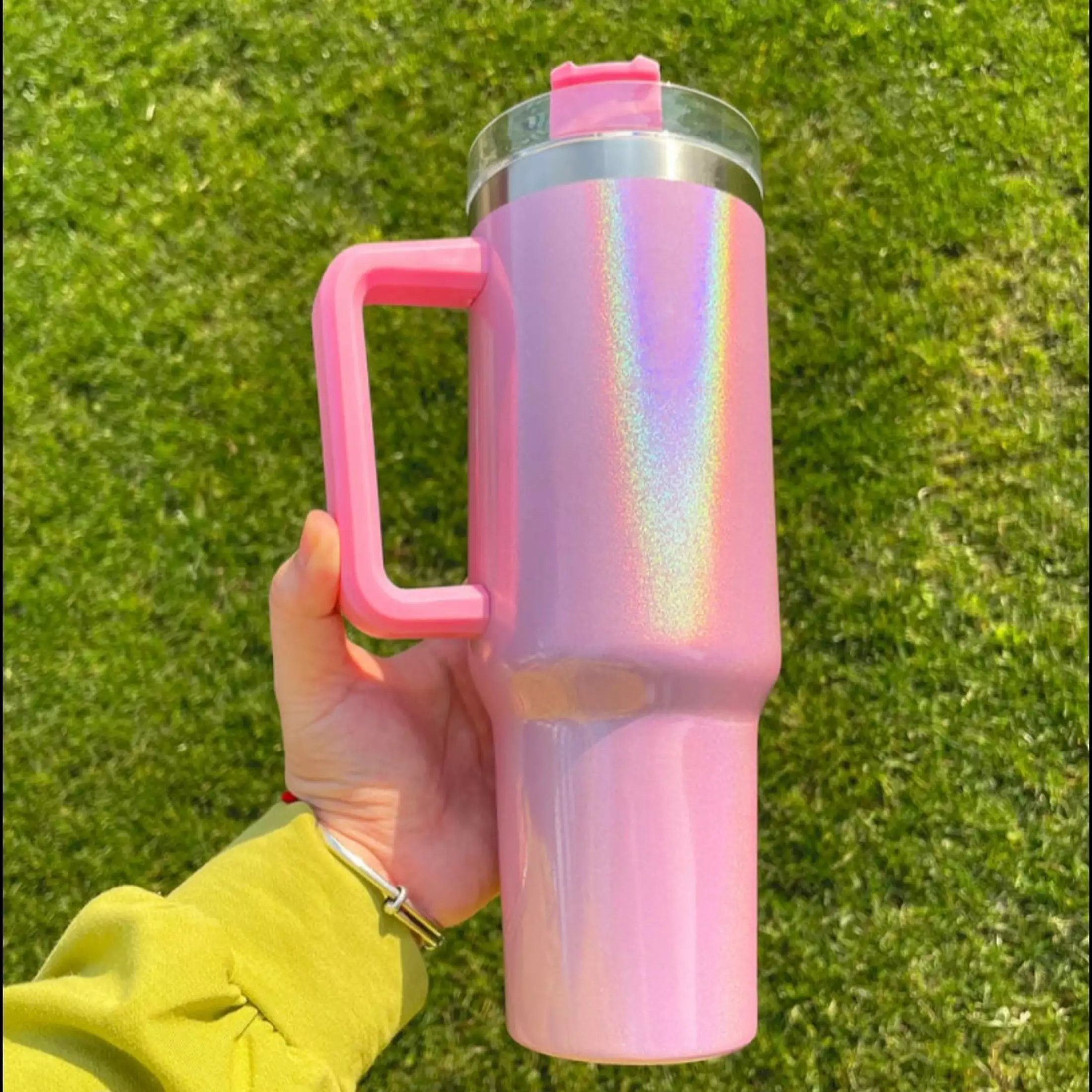 Dasoch 40 oz Tumbler Handle and Straw Shimmer Stainless Steel Pink Insulated Cup