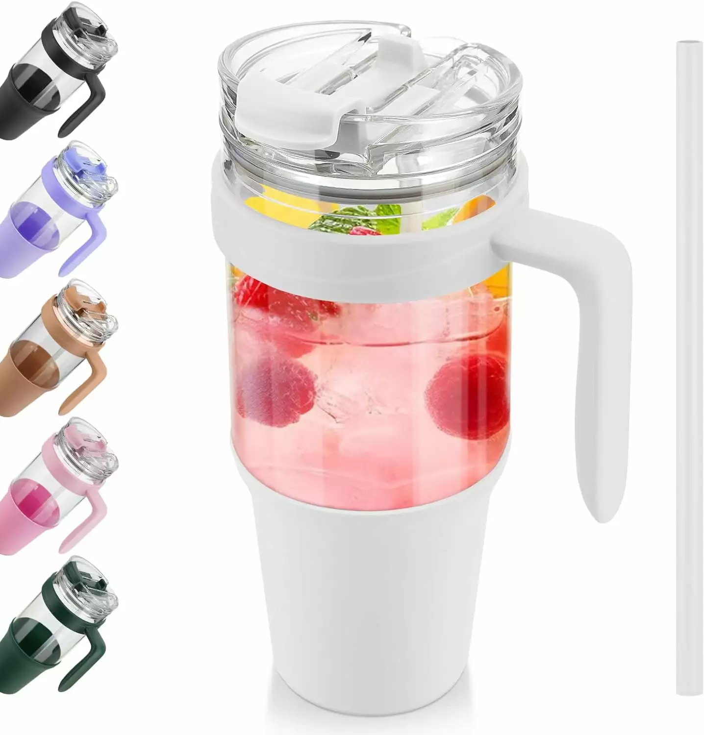 40 oz Glass Tumbler Handle - Leak-proof Flip Straw and Lid - Reusable Drinkware Cold Beverages