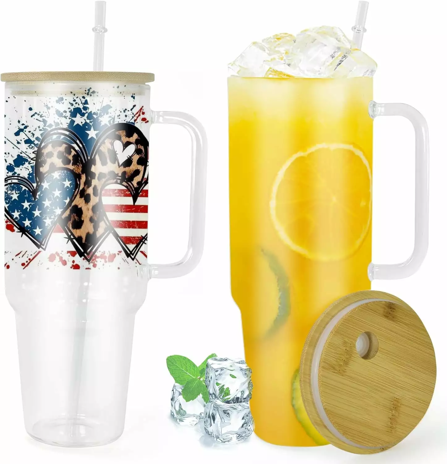 40 oz Glass Tumbler Handle 2 Pack Sublimation Cups Bamboo Lid Straw BPA Free Includes Gift Boxes