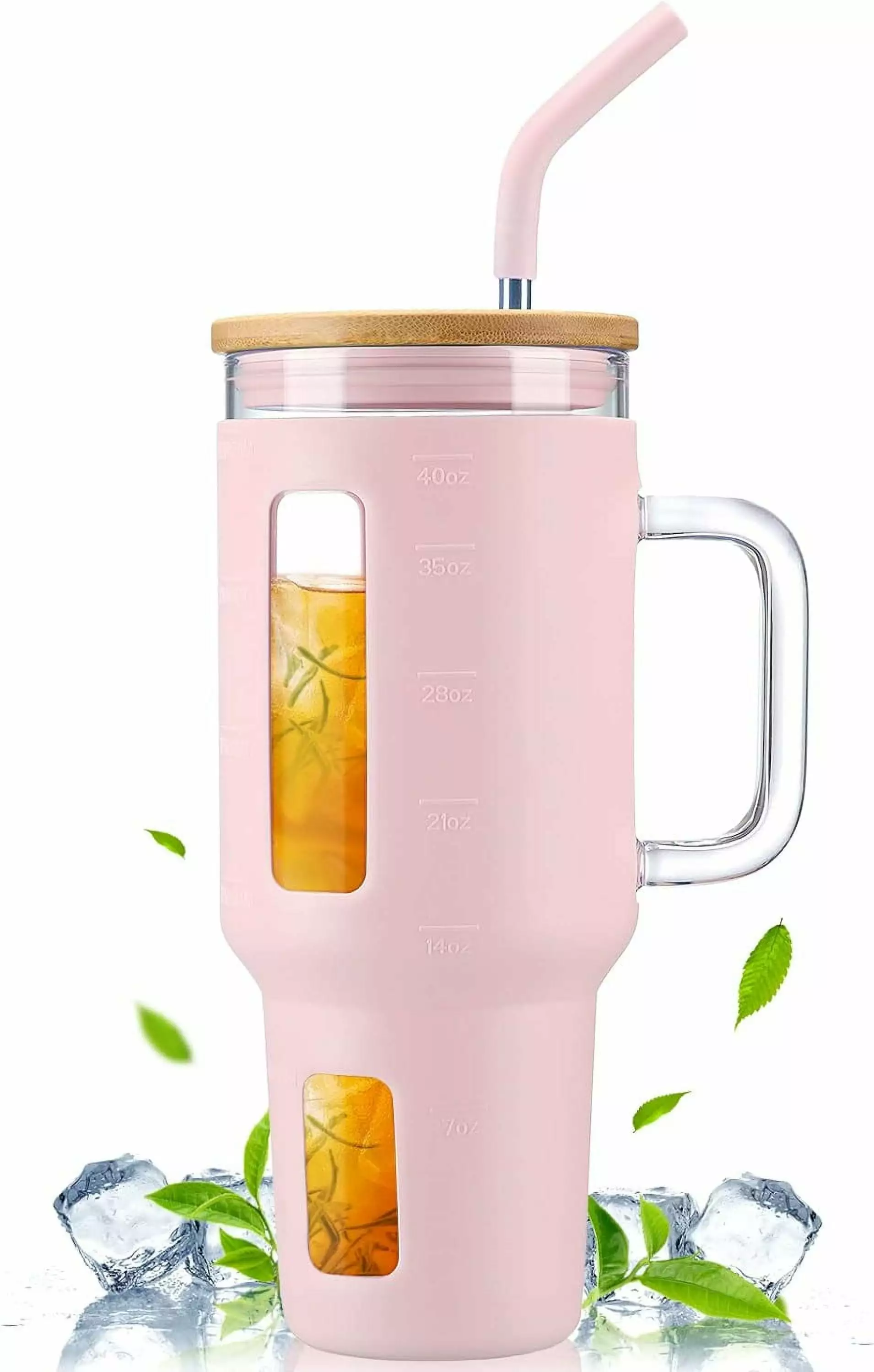 40 oz Glass Tumbler Handle and Silicone Sleeve BPA Free Car Cup Holder Compatible Bamboo Lid