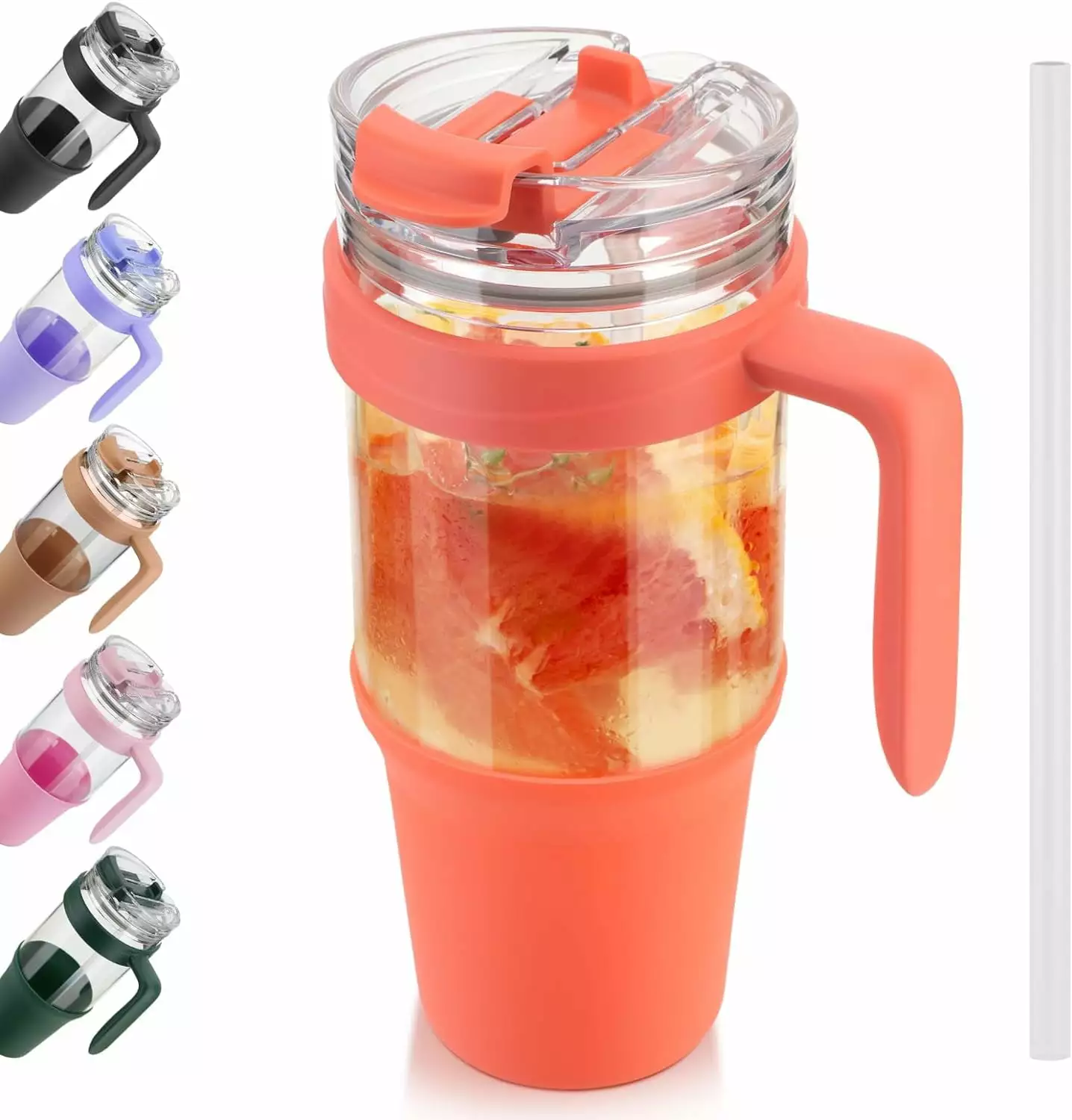 40 oz Glass Tumbler Straw and Lid - Leak-proof Flip Straw Reusable Cup Handle - BPA-Free On--Go Hydration