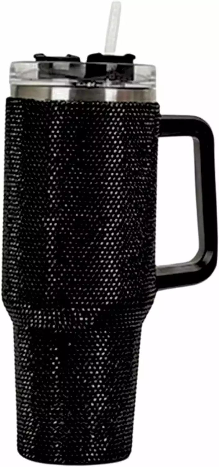 Lashicorn Black Rhinestone 40oz Tumbler Handle and Straw Bling Insulated Cup