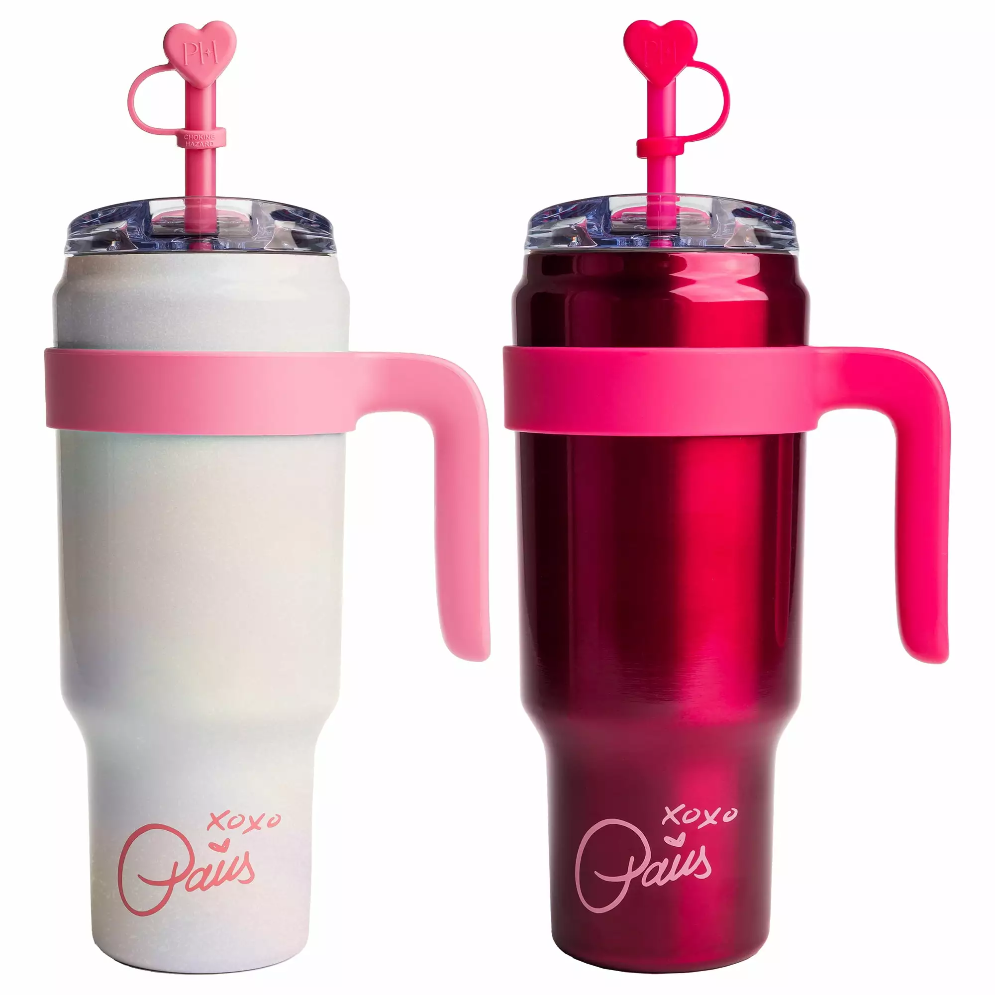 Paris Hilton 40 oz Stainless Steel Tumbler Set Removable Handle Straw and Lid 2 Piece Raspberry Pink Iridescent White