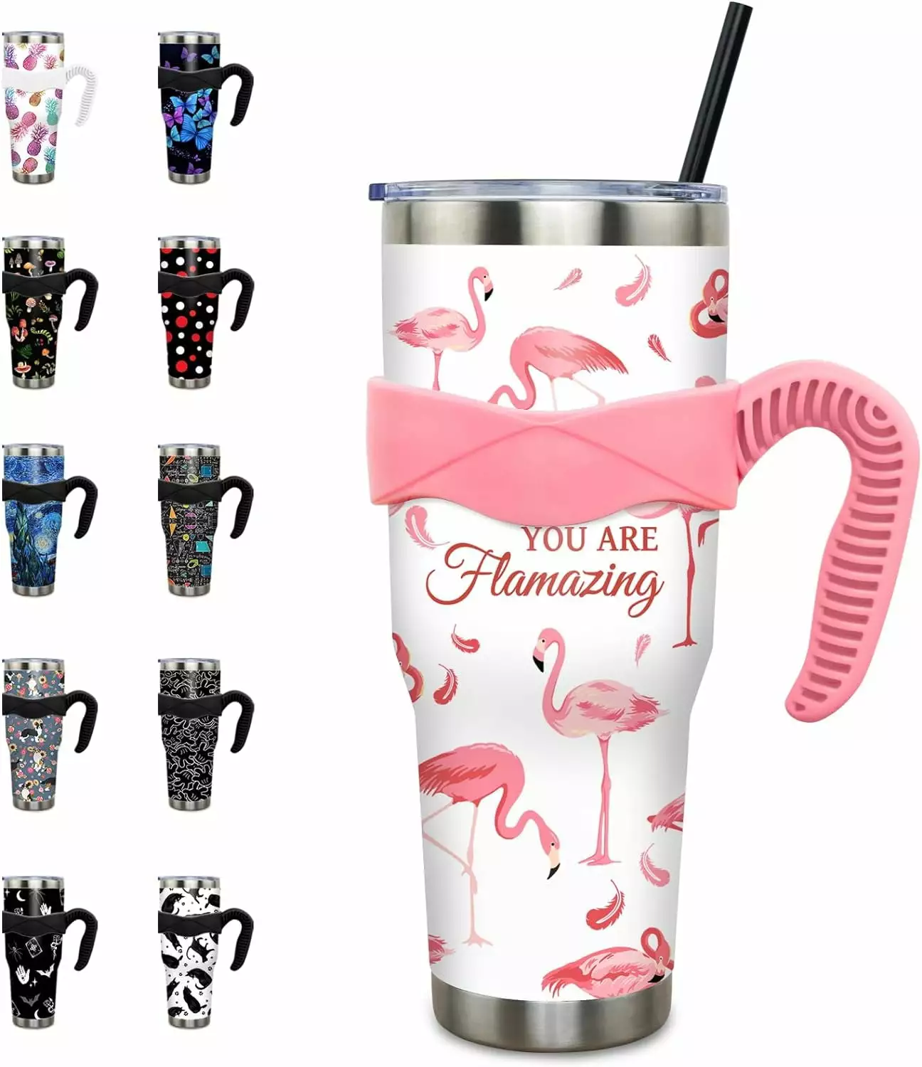 40 oz Pink Flamingo Tumbler Handle and Straw Vacuum Insulated Leak Proof Lid