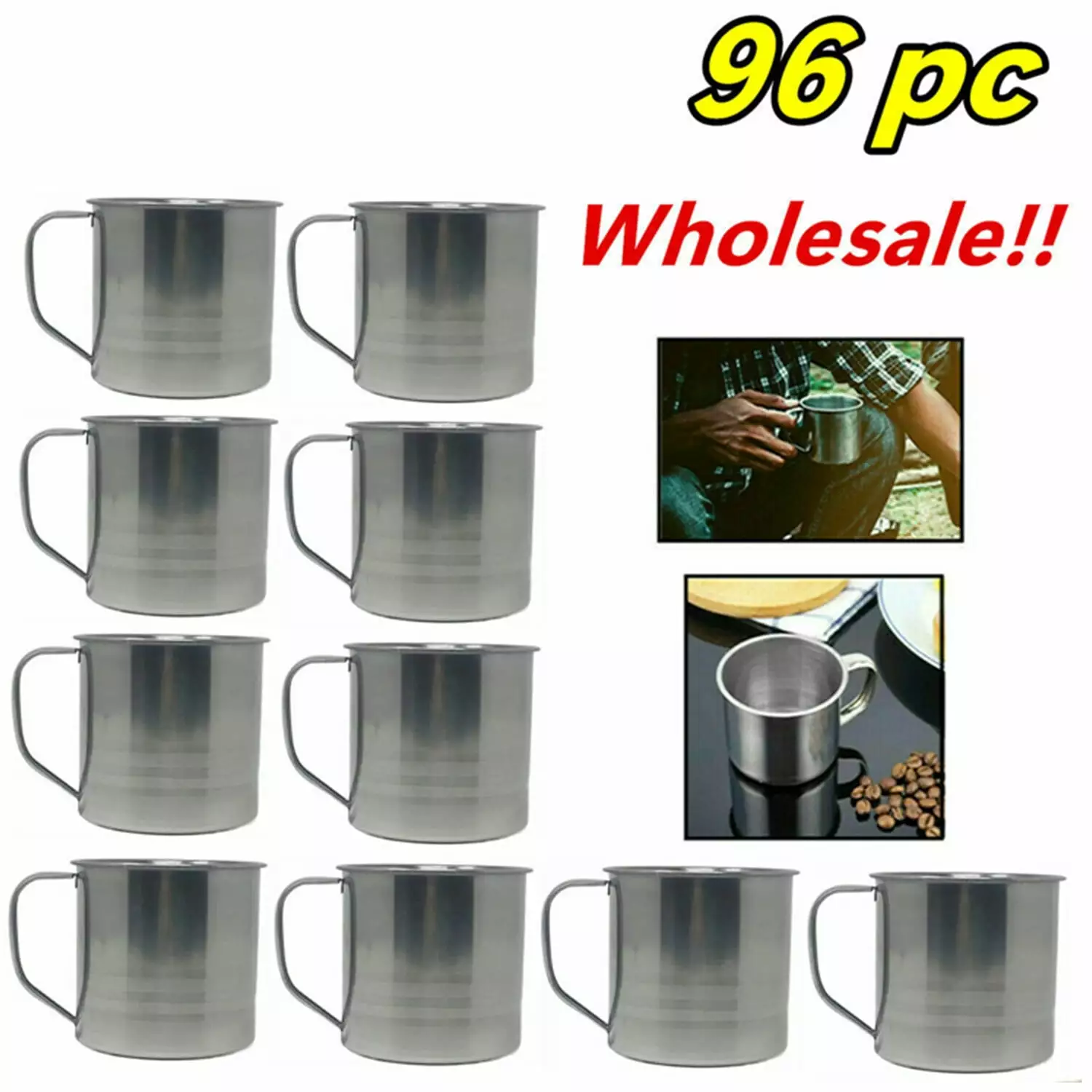 Wholesale Lot 96 Pcs Stainless Steel Coffee Soup Mug Tumbler Camping Mug Cup 16oz