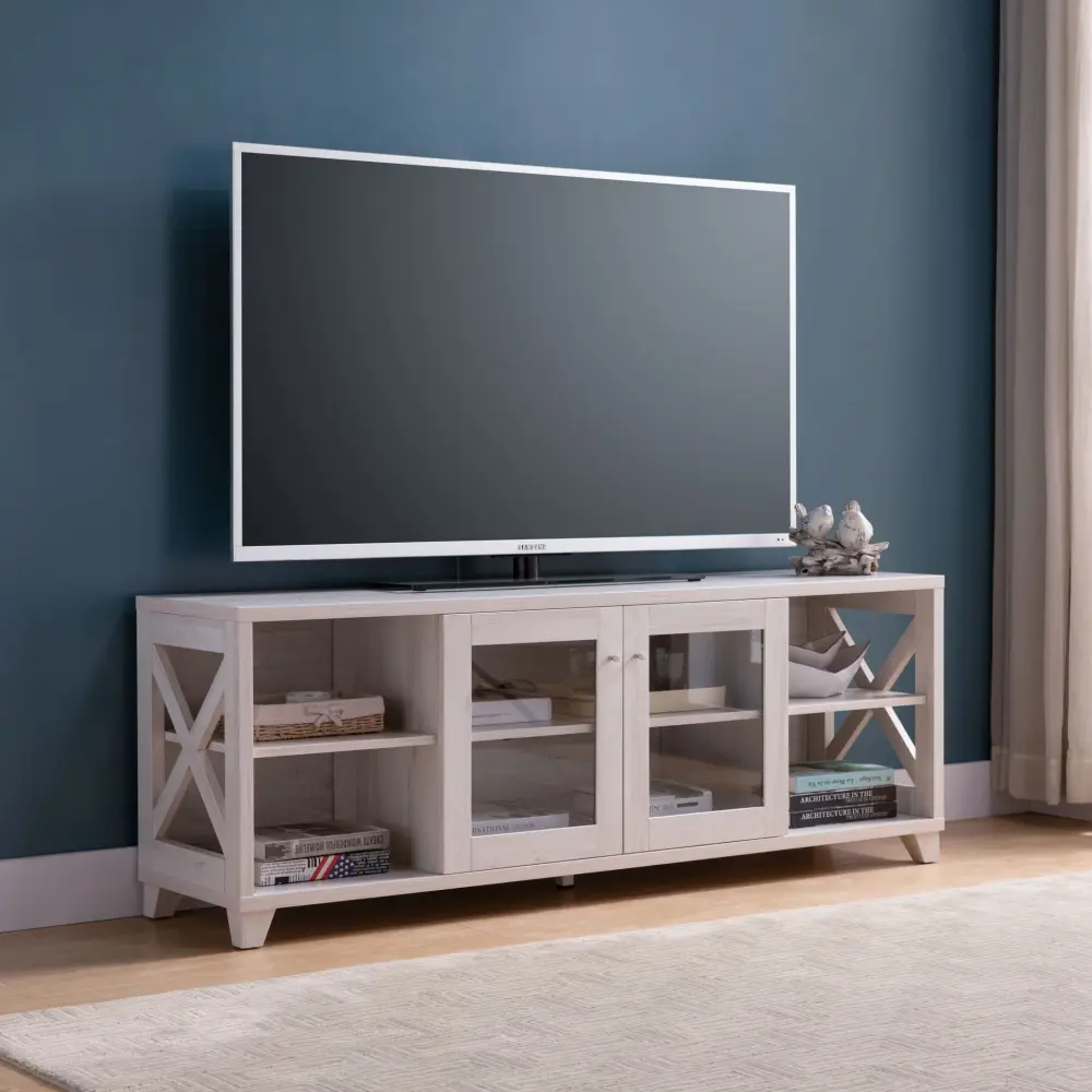 Farmhouse Home Entertainment Center, TV Stand 4 Shelves And Transparent Center Cabinet - Pearl Oak