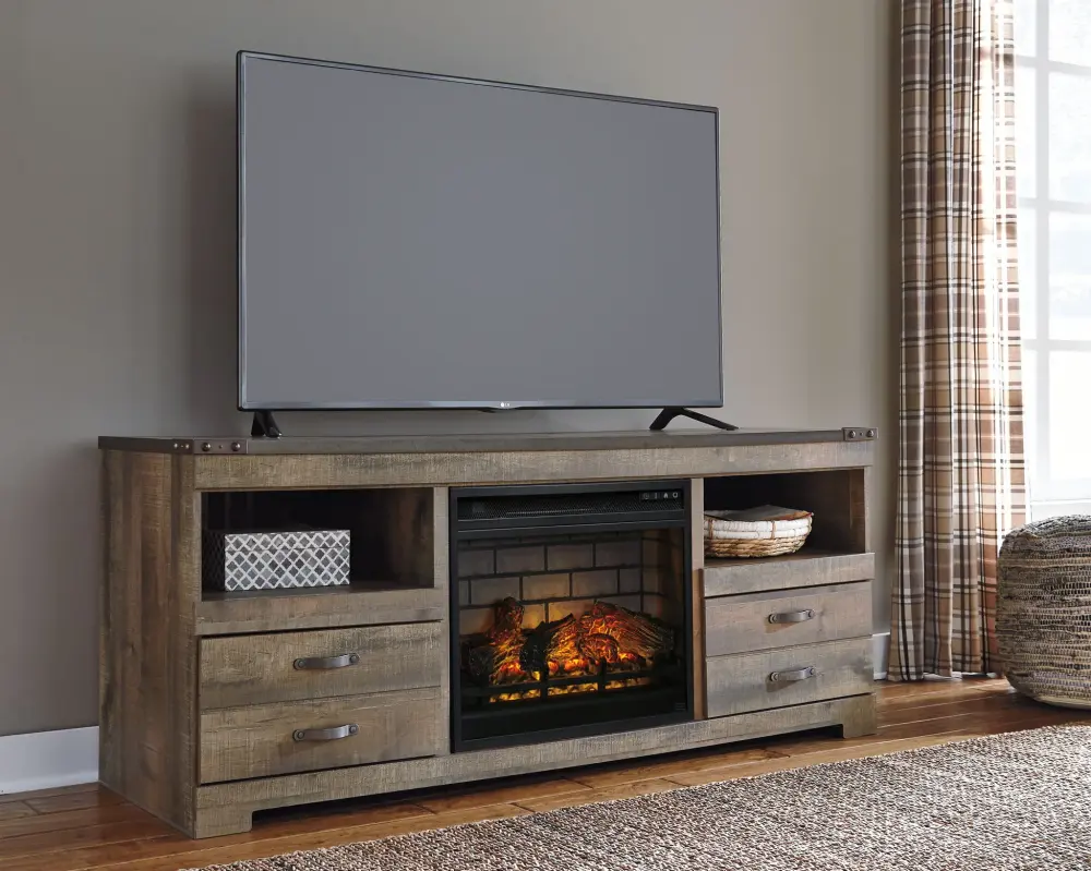 Trinell - 63" TV Stand Glass/Stone Fireplace Insert - Cocoa