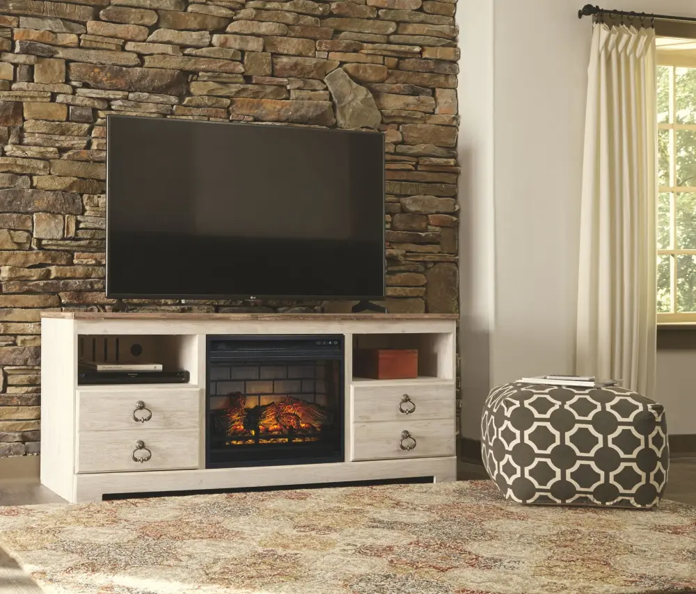 Willowton - 2 Pc. - 64" TV Stand Faux Firebrick Fireplace Insert - Whitewash
