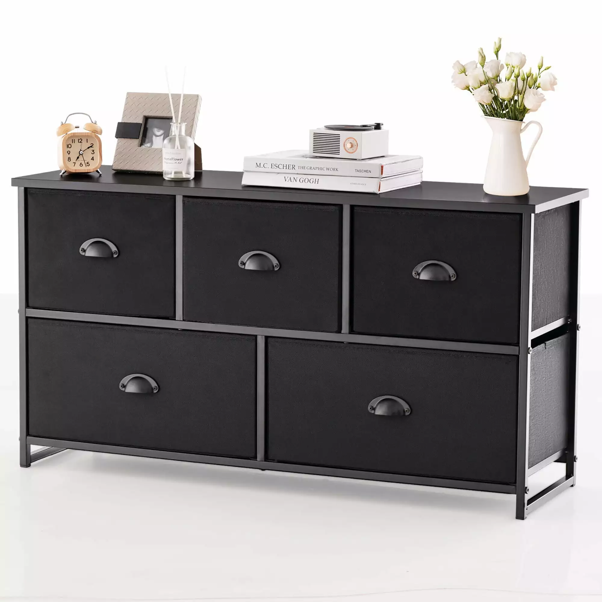 Gymax 5-Drawer Dresser TV Stand Chest 5 Fabric Bins Clothes Storage Organizer