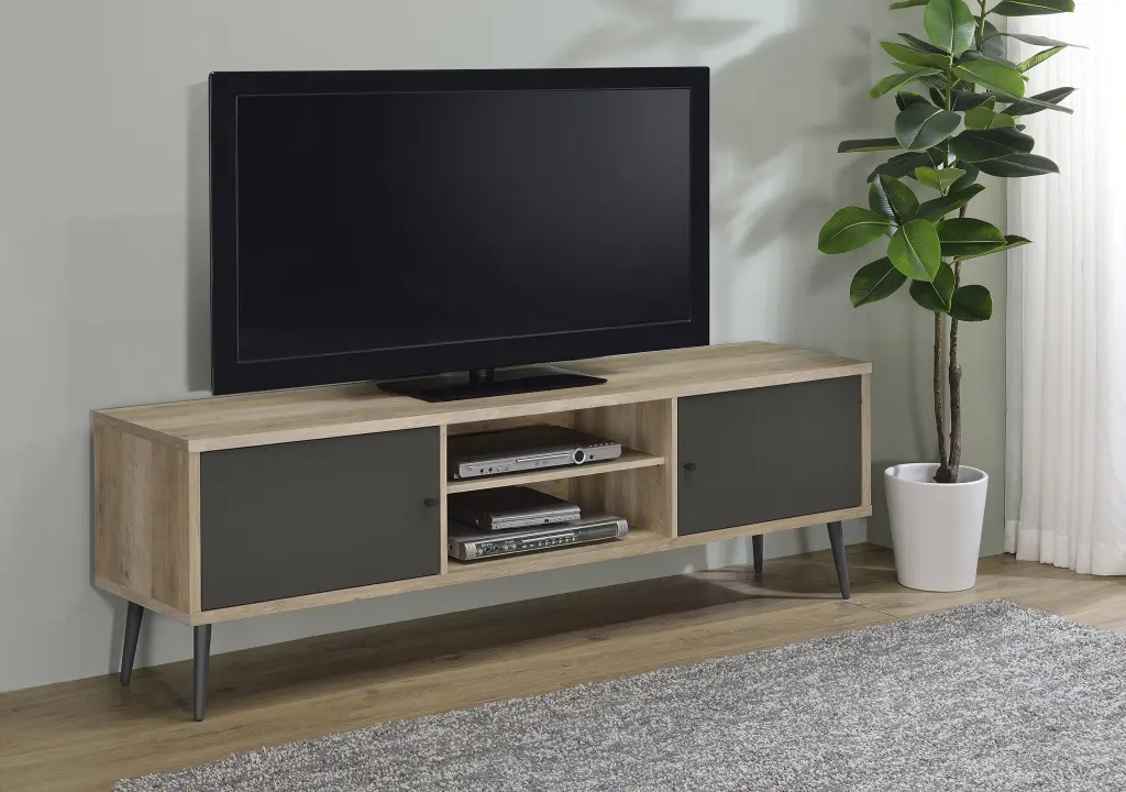 Allie 2-door Engineered Wood TV Stand Storage Shelf Antique Pine and Grey - Modern Entertainment Center