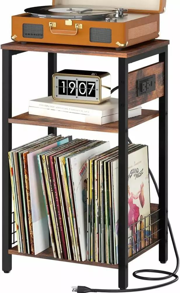 Record Player Stand 3-Tier Side Table Charging Station Vinyl Storage Turntable Stand Album CD Brown Freebie