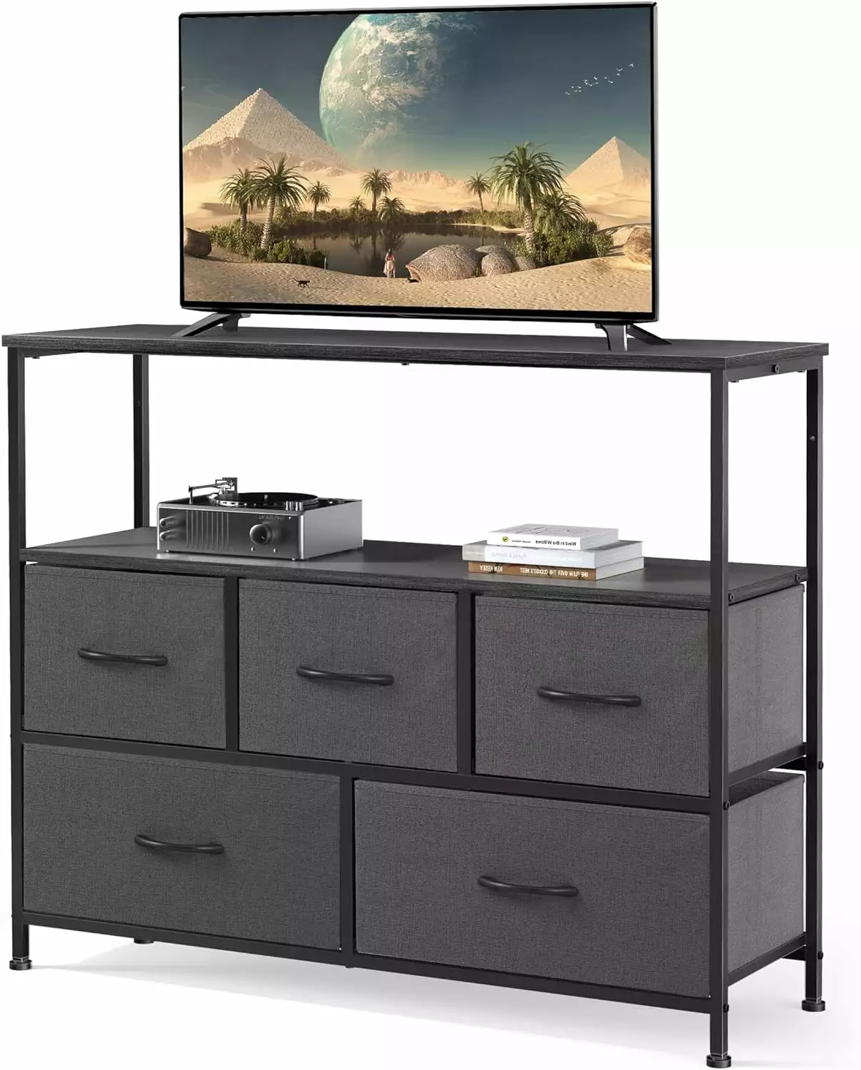 TV Stand Entertainment Center 5 Fabric Drawers 30 Inch Tall Dresser Open Display Media Console Living Room Grey jq01