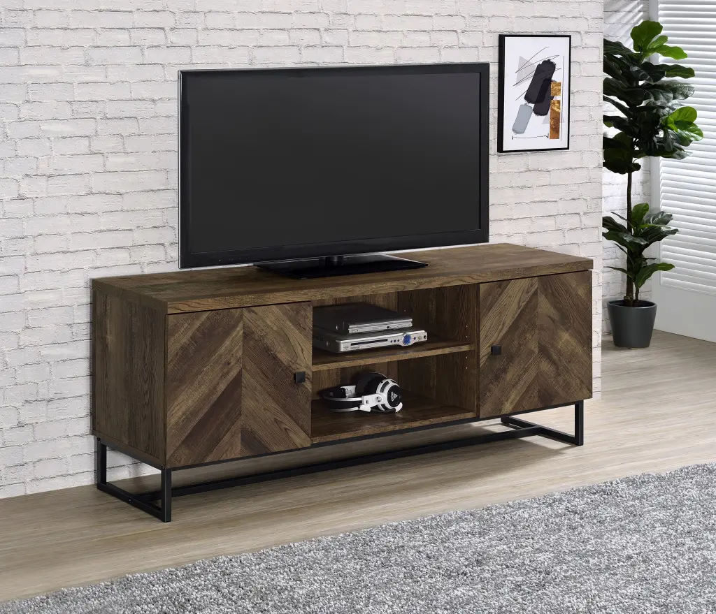 Myles 2-door TV Console Adjustable Shelves Rustic Oak Herringbone Media Stand