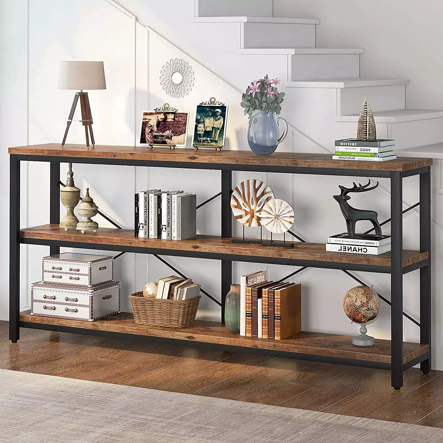 Rustic Sofa Table 3 Tiers TV Stand Console Table Extra Long Storage Shelves 70.8-Inch Console TribeSigns