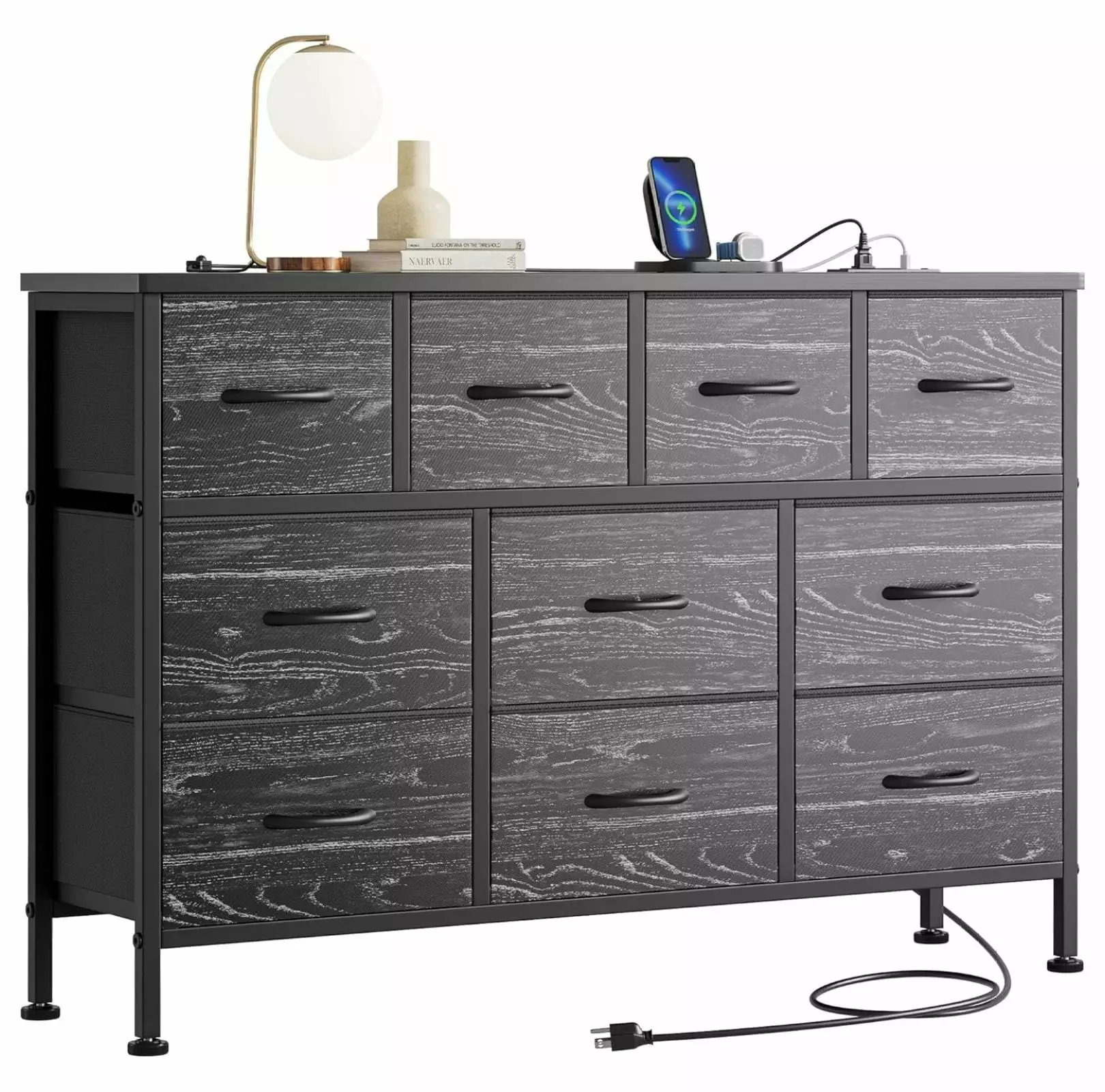 Zengpin Dresser TV Stand Power Outlet 43 Inch Long Dresser 10 Fabric Drawers Living Room Hallway Black Wood Veins