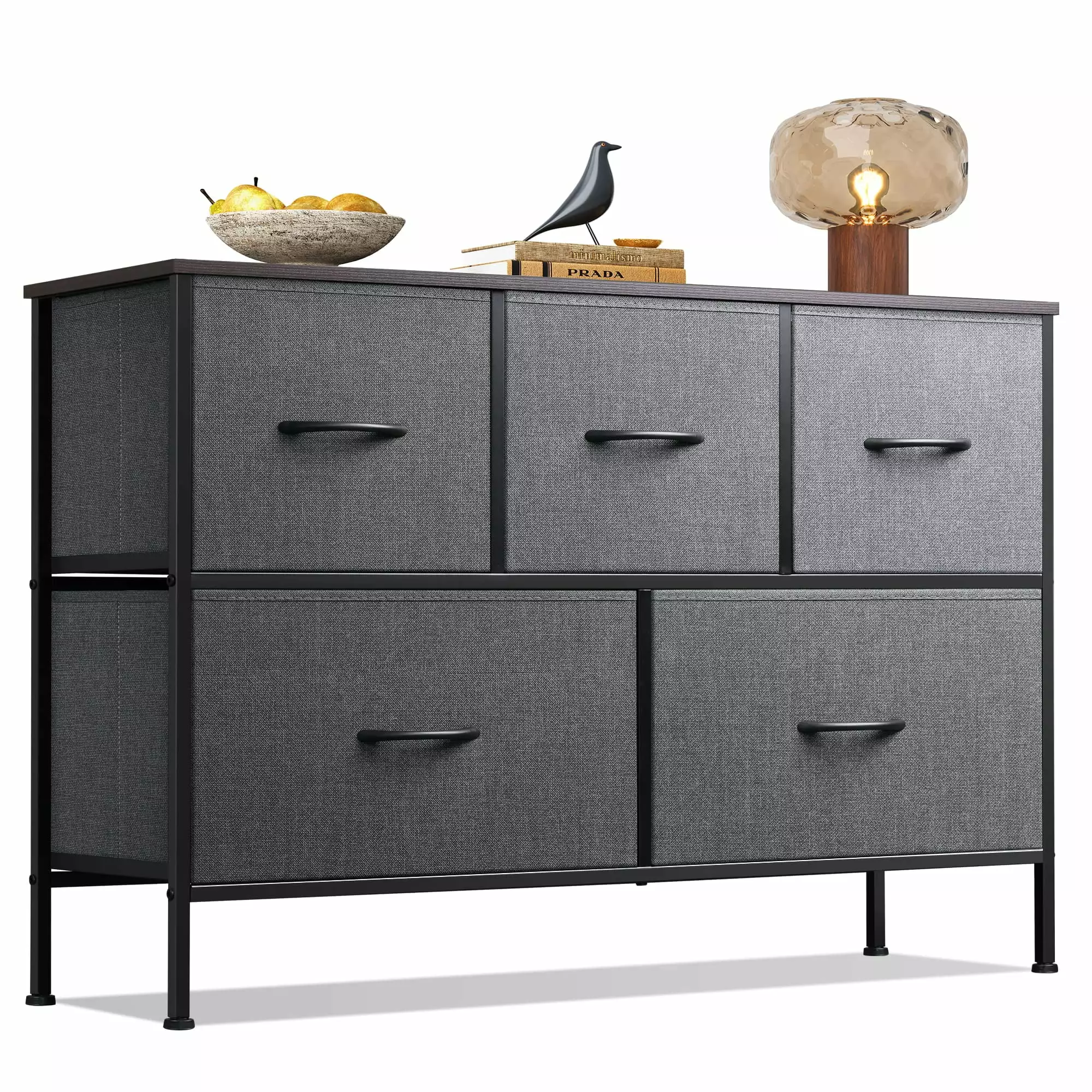 5-Drawer Multi Function TV Cabinet 39.4''L x 11.8''W x 21.7''H - Dark Grey Fabric Dresser Living Room Brightshow