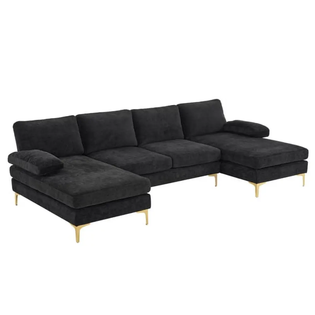 Miekor U-Shaped 4-Seat Indoor Modular Sofa Black Fabric Sectional Living Room