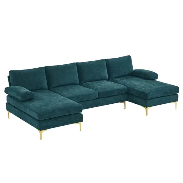Miekor U-Shaped 4-Seat Indoor Modular Sofa Blue-Green Color Fabric Sectional Living Room