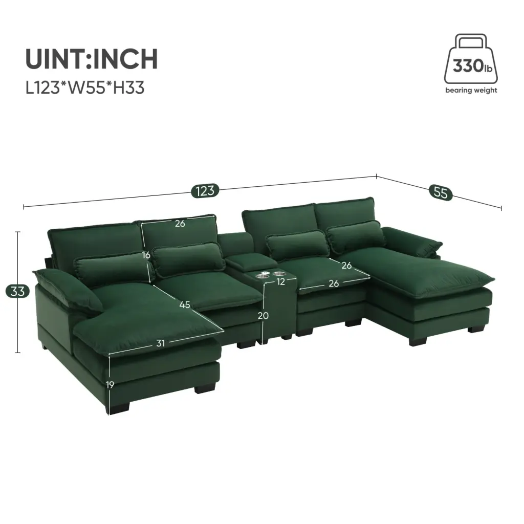 Miekor Furniture 123x55 Modern U-Shaped Sofa Console, Cupholders and USB Ports - 6-Seat Sleeper Couch Set