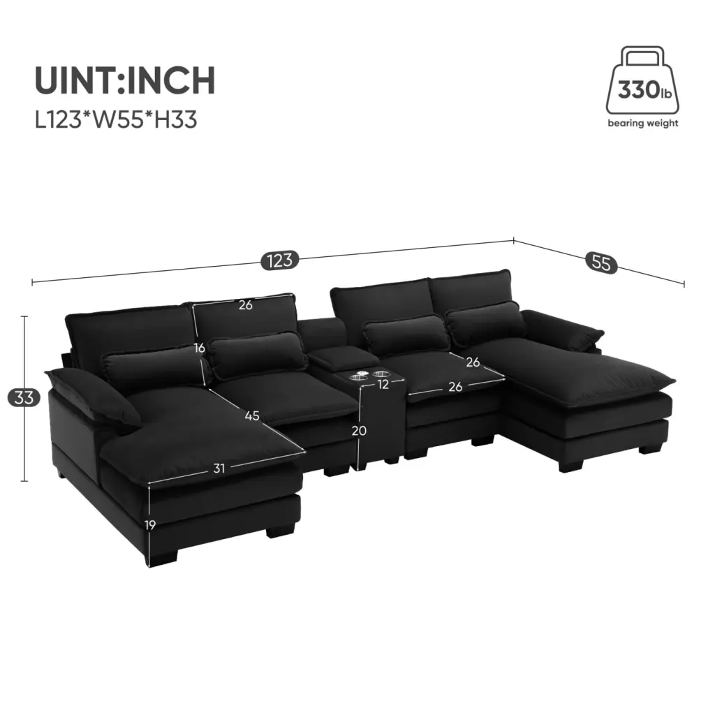 Miekor Furniture 123x55 Modern U-Shaped Sofa Console, Cupholders and USB Ports - 6-Seat Sleeper Couch Set