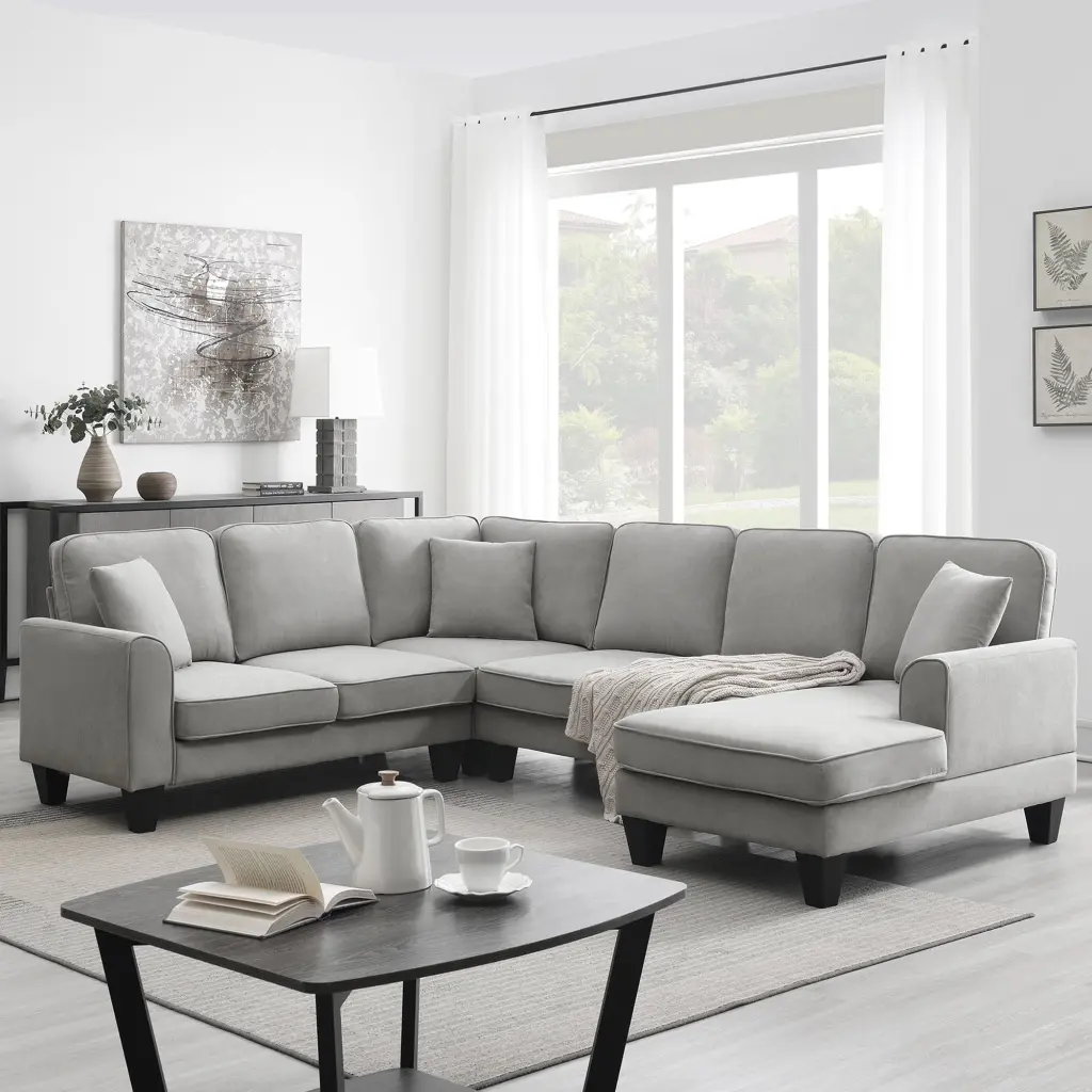 CoSoTower 108x85.5 Modern U Shape Sectional Sofa 7 Seat Fabric Sofa Set 3 Pillows Living Room