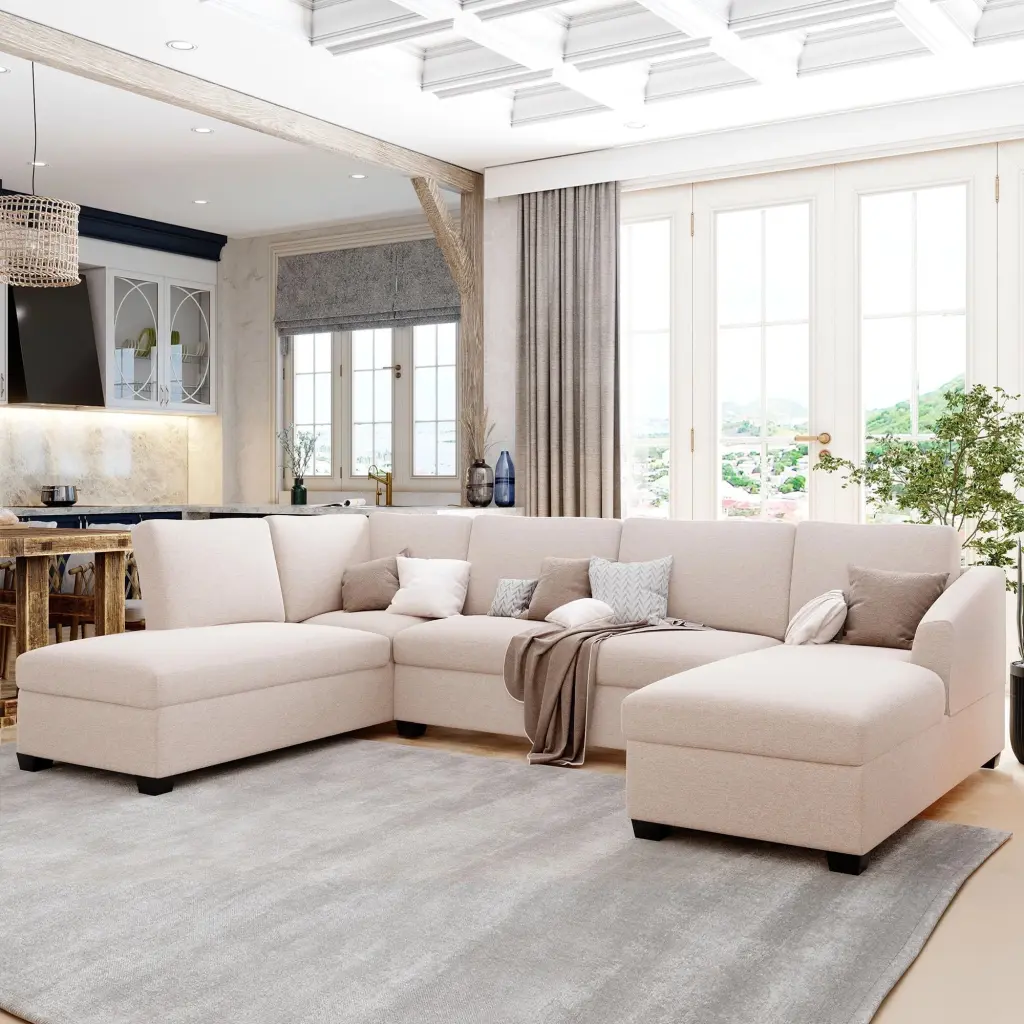 Ustyle Modern Large U-Shape Sectional Sofa Double Extra Wide Chaise Lounge Couch Beige U Style