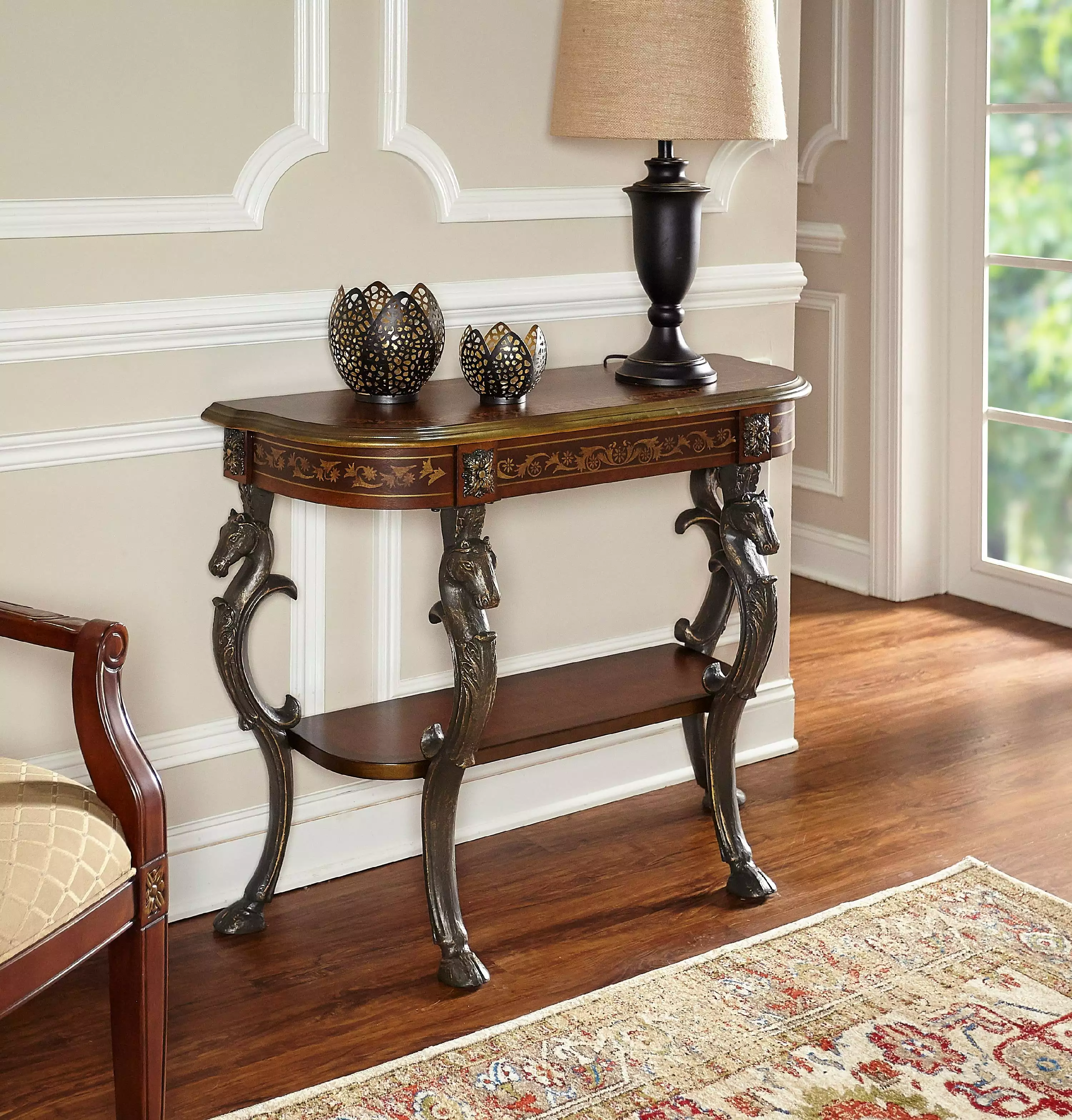 Powell Horse Head Indoor Console Hoofed-Foot Cast Iron Legs and Display Shelf Console