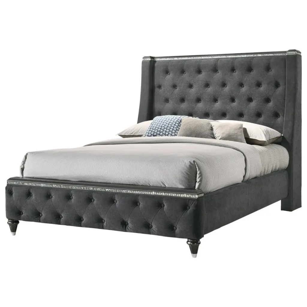Crown Mark Giovani King Upholstered Wing Panel Bed Dark Silver