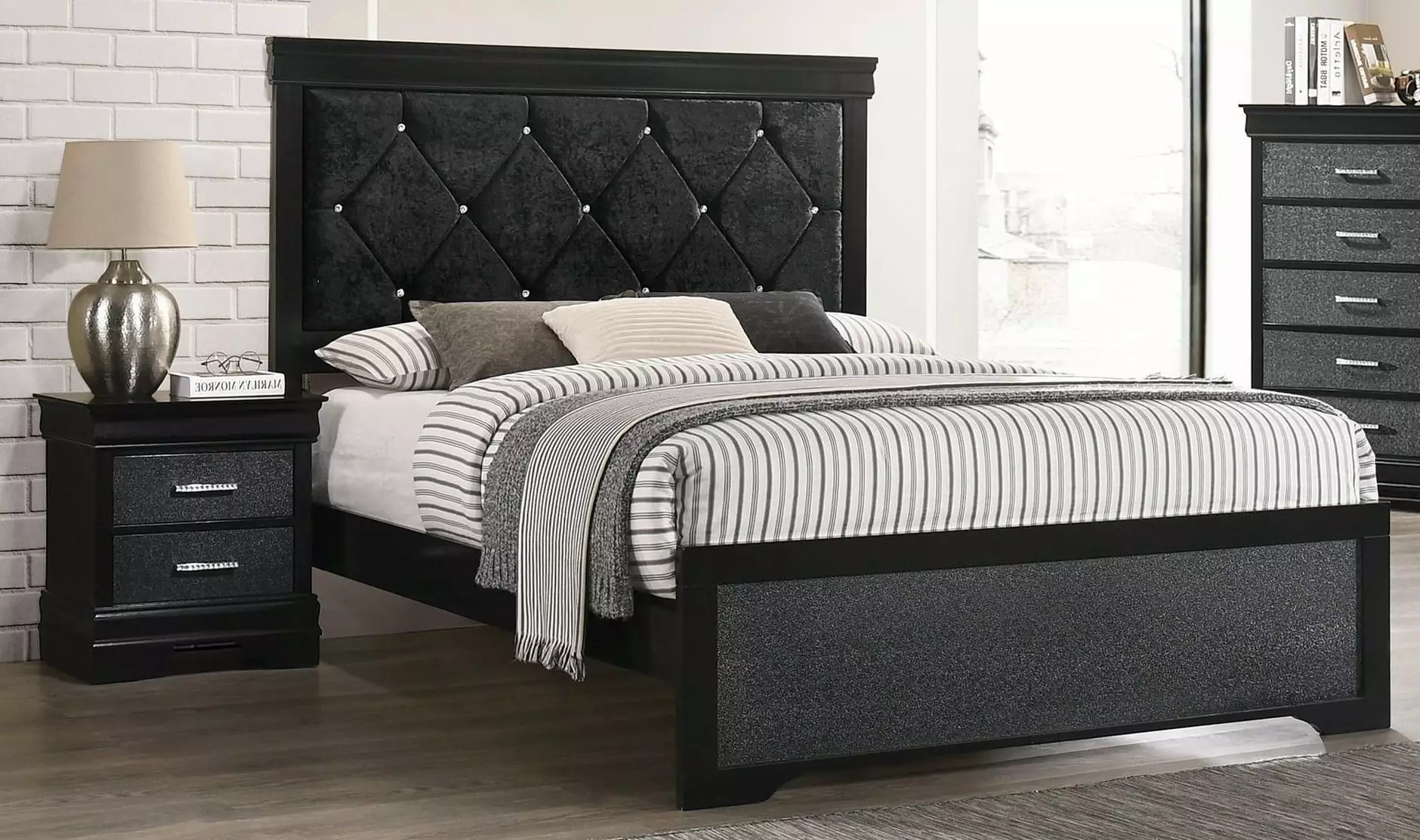 3pc Black Finish Twin Size Upholstered Button Tufted Headboard Bed Nightstand - Wooden Bedroom Set Esofastore