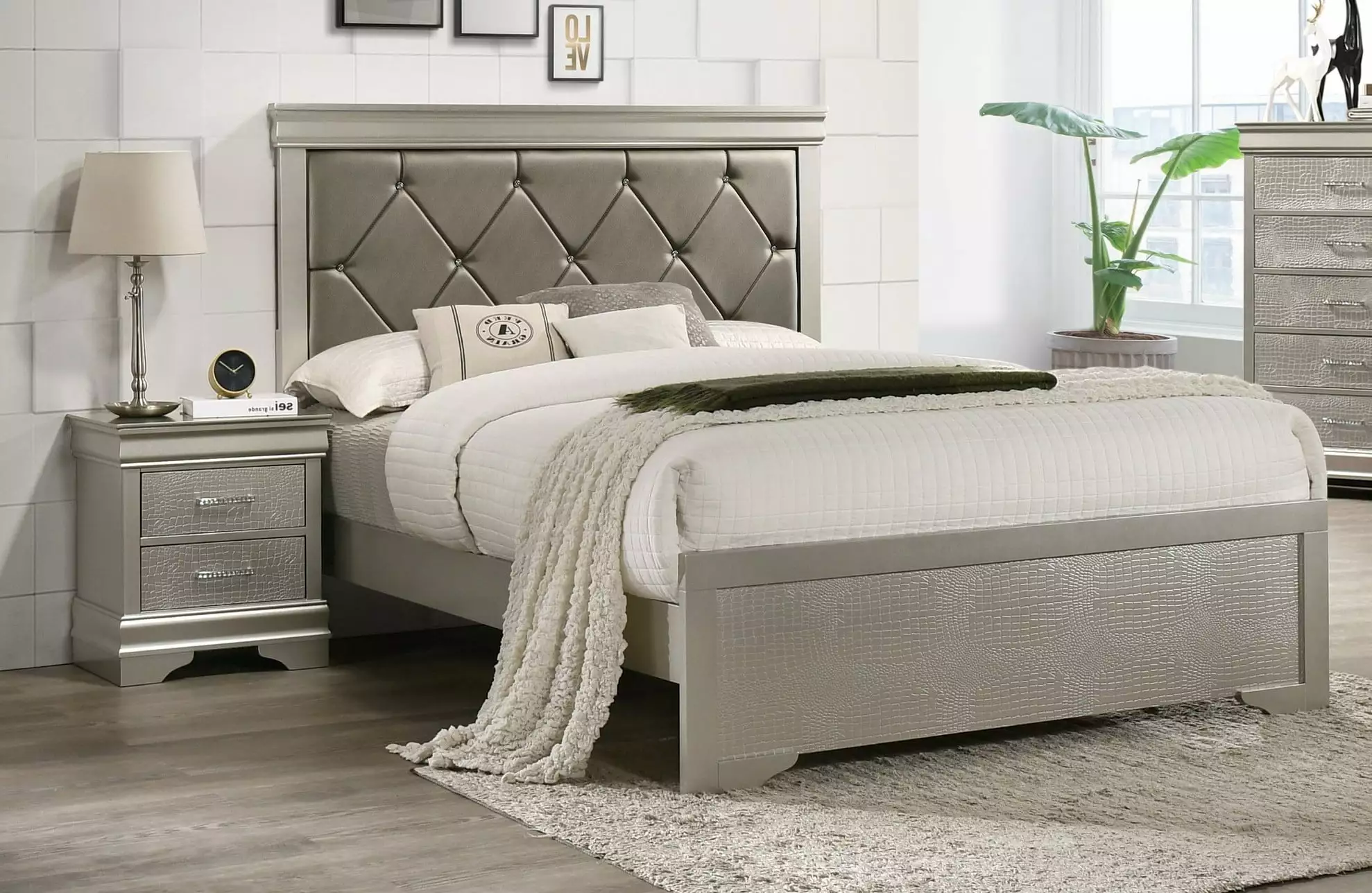 3pc Silver Finish Full Size Upholstered Button Tufted Headboard Bed Nightstand - Wooden Bedroom Furniture Esofastore