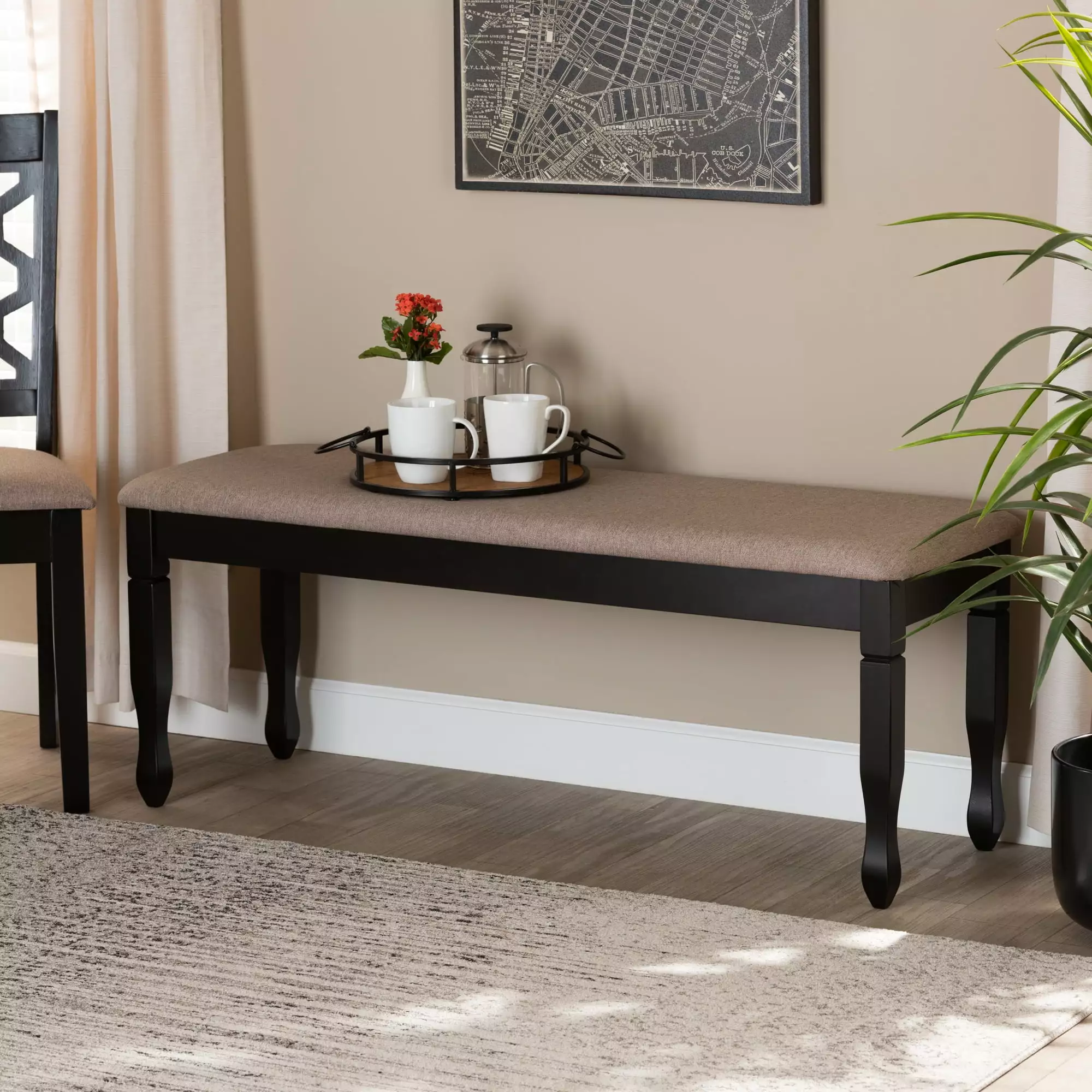 Baxton Studio Corey Modern Sand Fabric Upholstered Dining Bench Dark Brown Wood Finish Benches