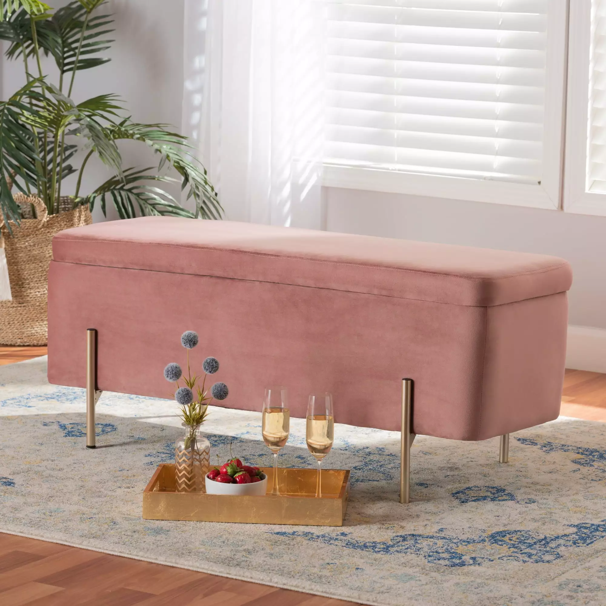 Baxton Studio Rockwell Upholstered Storage Bench Blush Pink Entryway Living Room Bench Benches