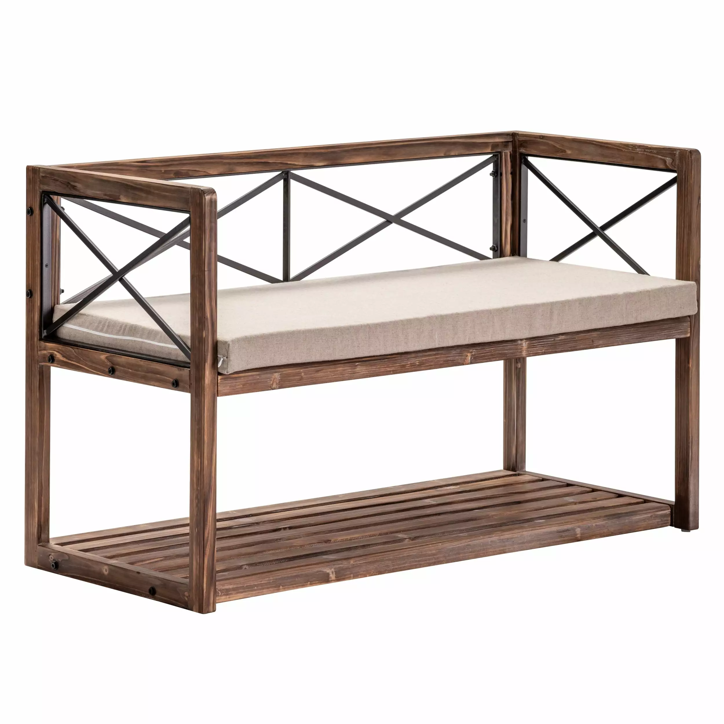 Meredith 49W Fir Wood Bench Oatmeal Linen & Black Metal Frame Living Room or Bedroom Benches Bed Bath & Beyond