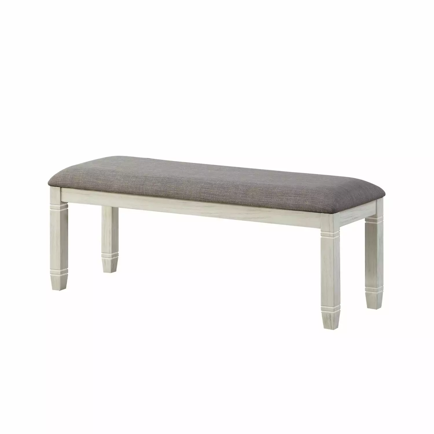 Benjara Fabric Upholstered Padded Bench Tapered Feet Antique White and Gray Living Room Bench Benches