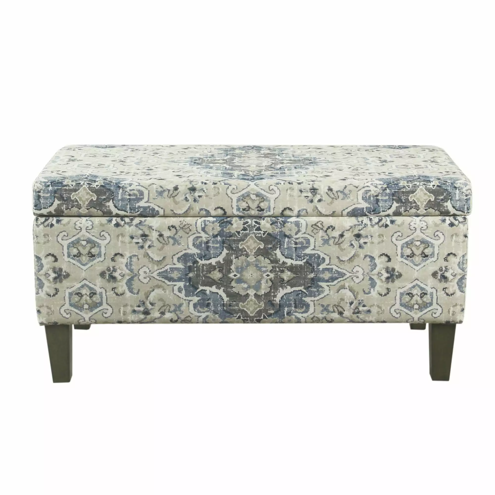 Medallion Print Fabric Upholstered Wooden Storage Bench Hinged Seat Blue and Cream Benches Benjara