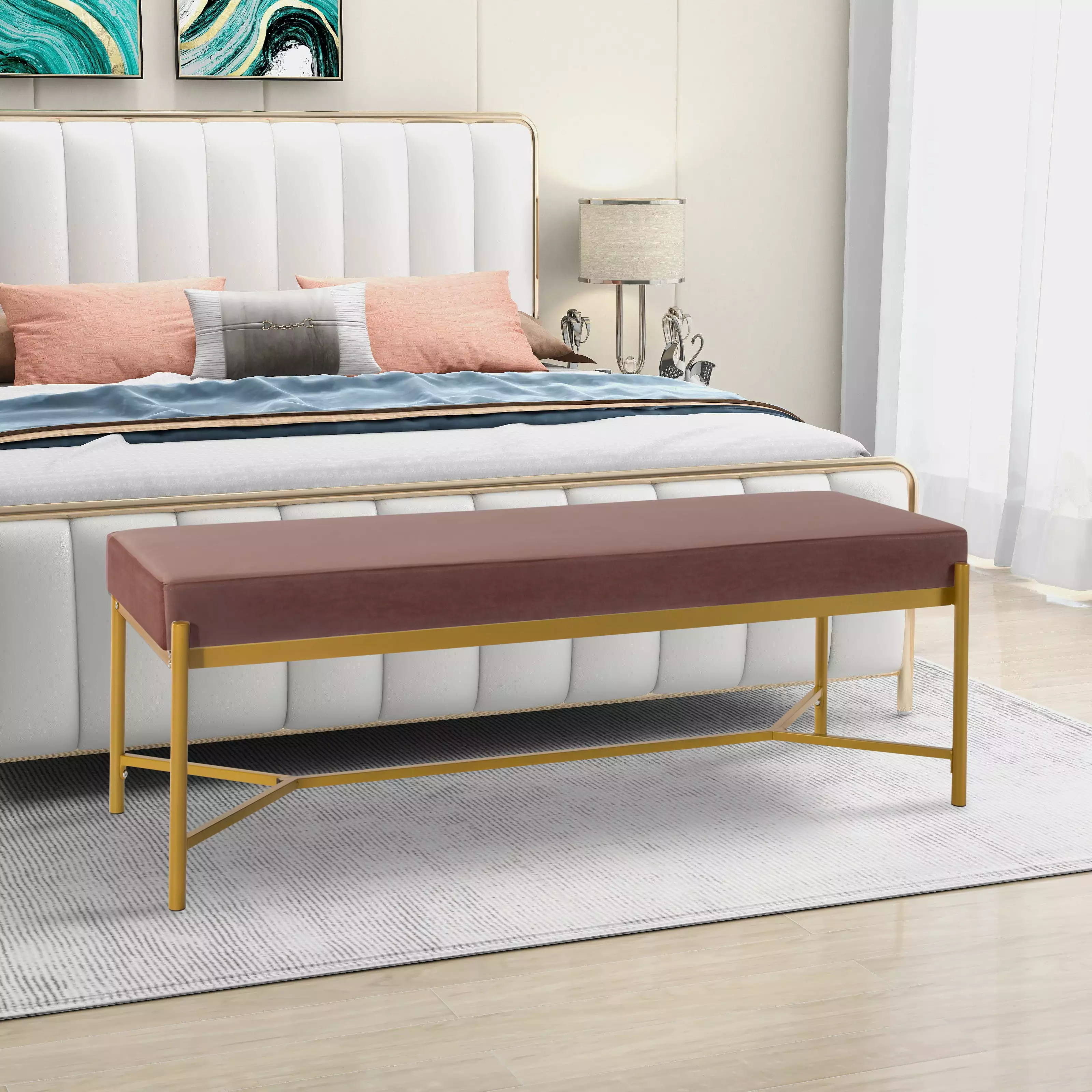 Long Upholstered Bench Pink Living Room Bedroom Entryway Furniture Benches Ghislaine