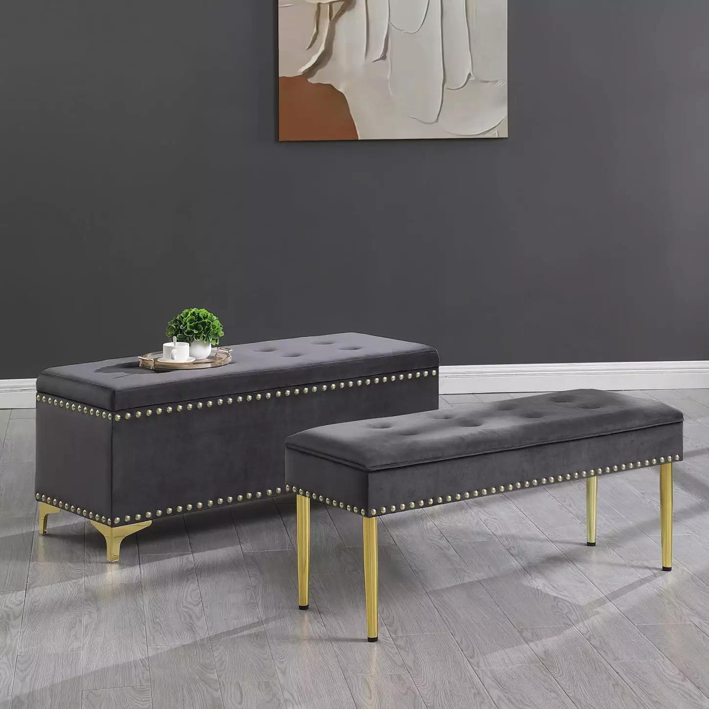 Graceful Grey Velvet Dual-Purpose Storage Bench Nailhead Accents Gold Legs Benches HATNOKIL
