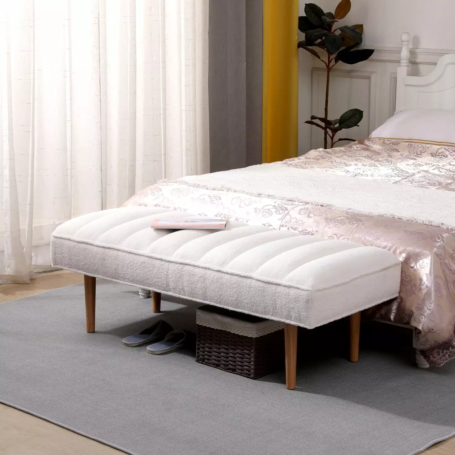 White Channel Tufted Bench Sherpa Upholstery and Wooden Legs Bedroom or Living Room Benches HATNOKIL