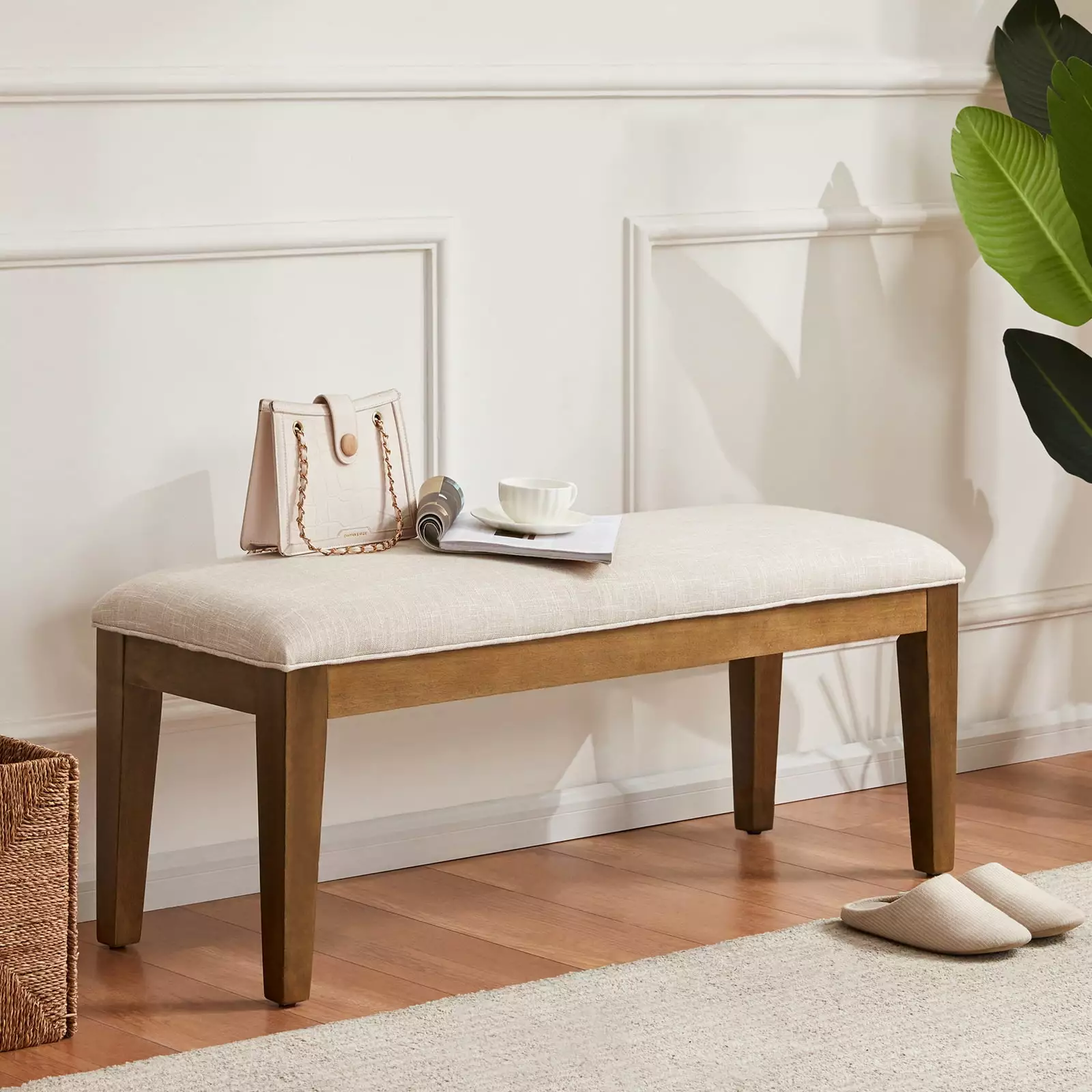 HUIMO Dining Room Bench Upholstered Tufted Bed Bench Seat Bedroom Entryway Wood Bench Beige Benches