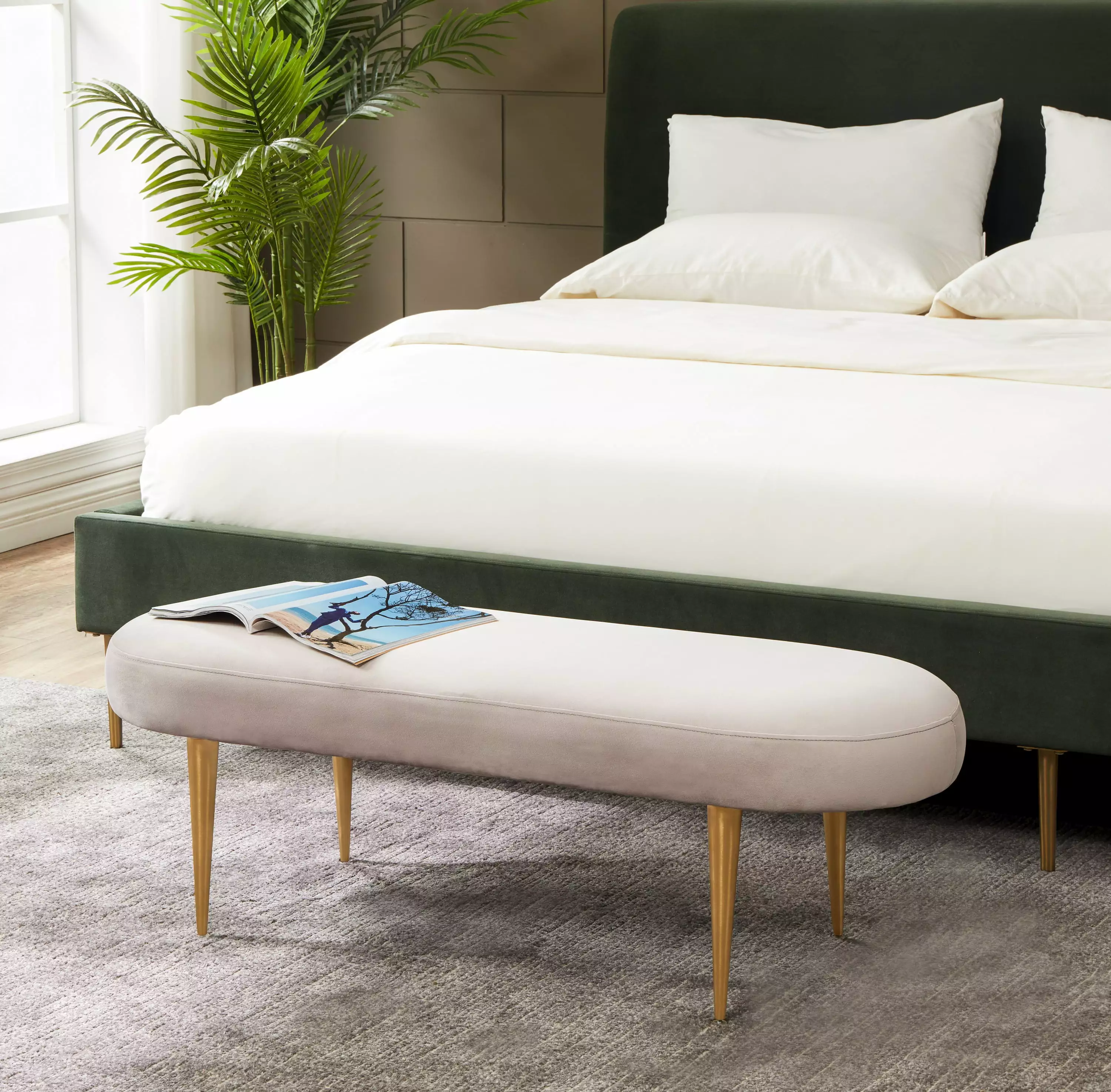 SAFAVIEH Couture Corinne Oval Solid Velvet Contemporary Bench Pale Taupe Benches