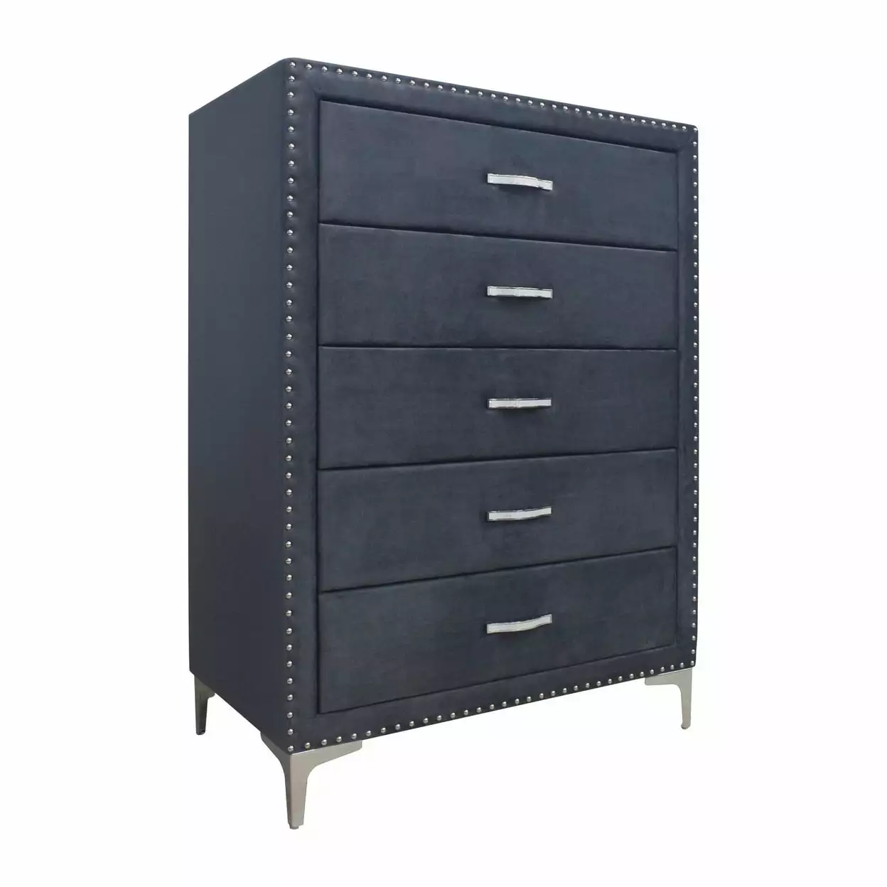Moha 50 Inch Tall 5 Drawer Dresser Chest Glass Top and Gray Velvet Upholstery Saltoro Sherpi