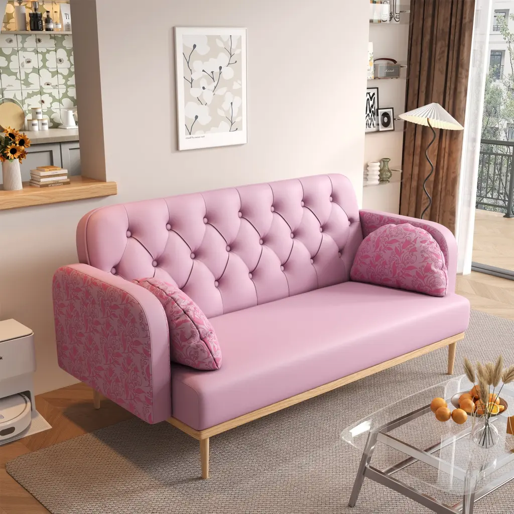 Modern Upholstered Two Seater PU Sofa Tulip Pattern and Throw Pillows INSUNSIX