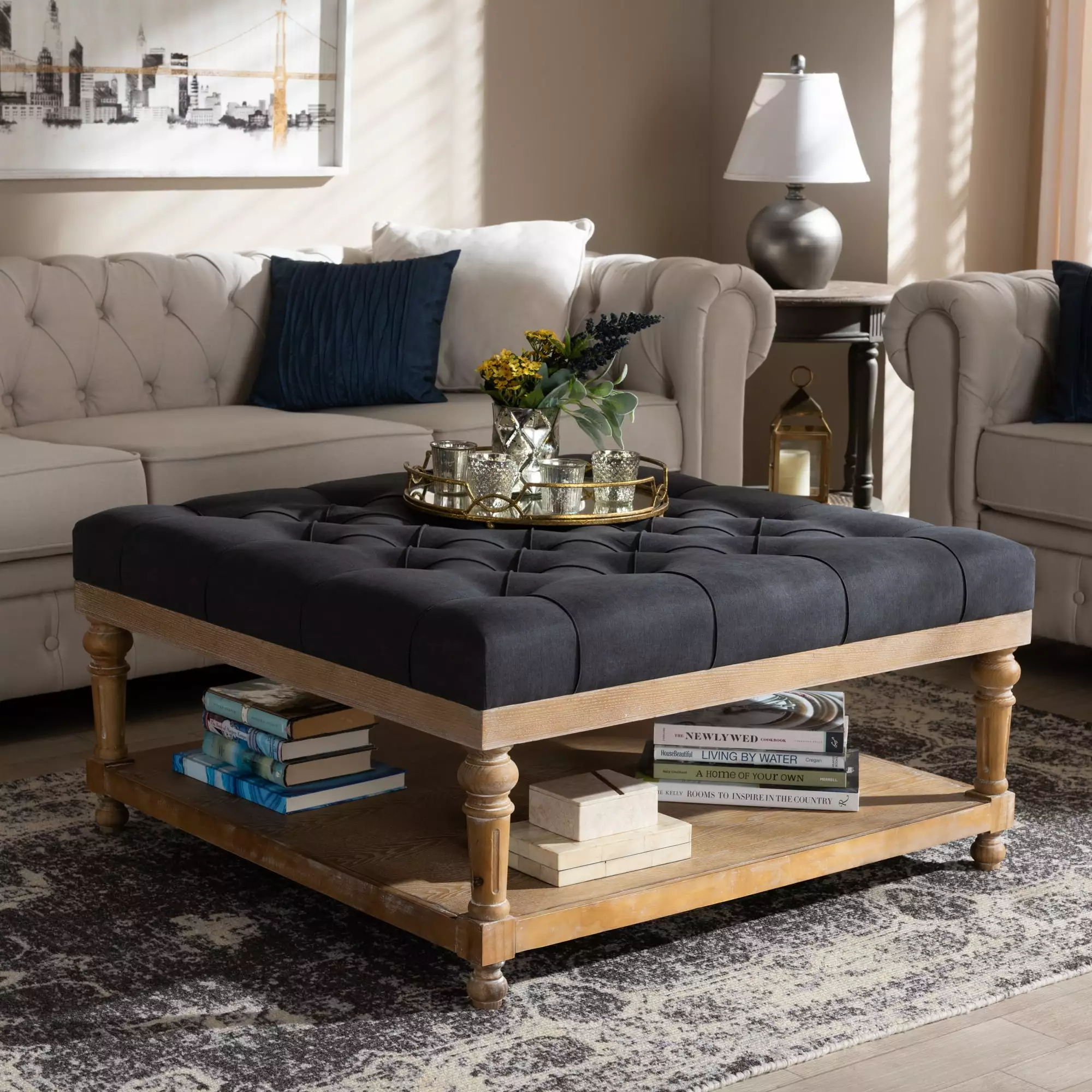 Baxton Studio Kelly Square Upholstered Ottoman Charcoal - Versatile Home Furniture Ottomans