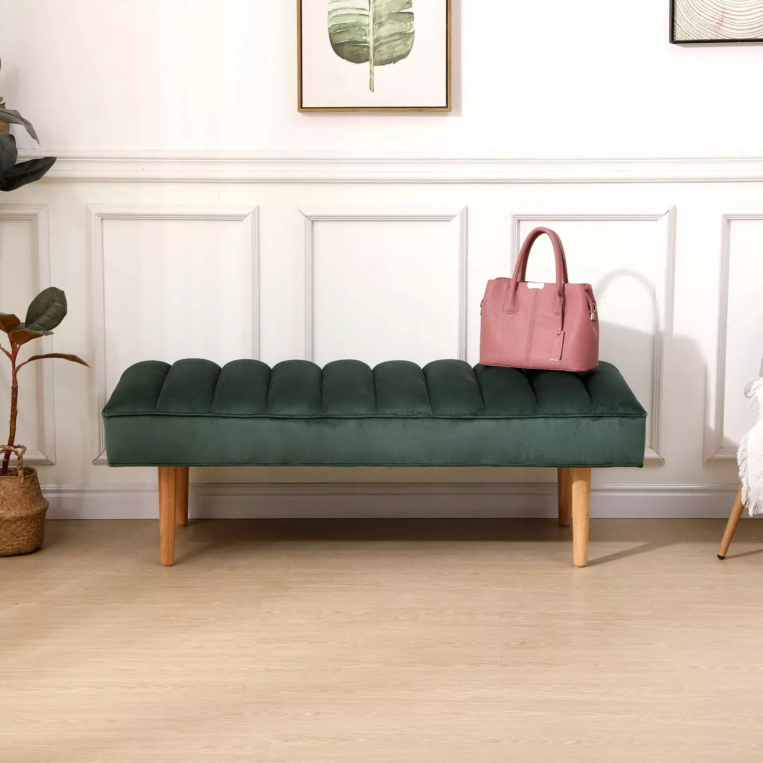 Elegant Green Velvet Channel Tufted Ottoman Bench Bedroom or Living Room Sturdy Wood Legs Benches Ponnky