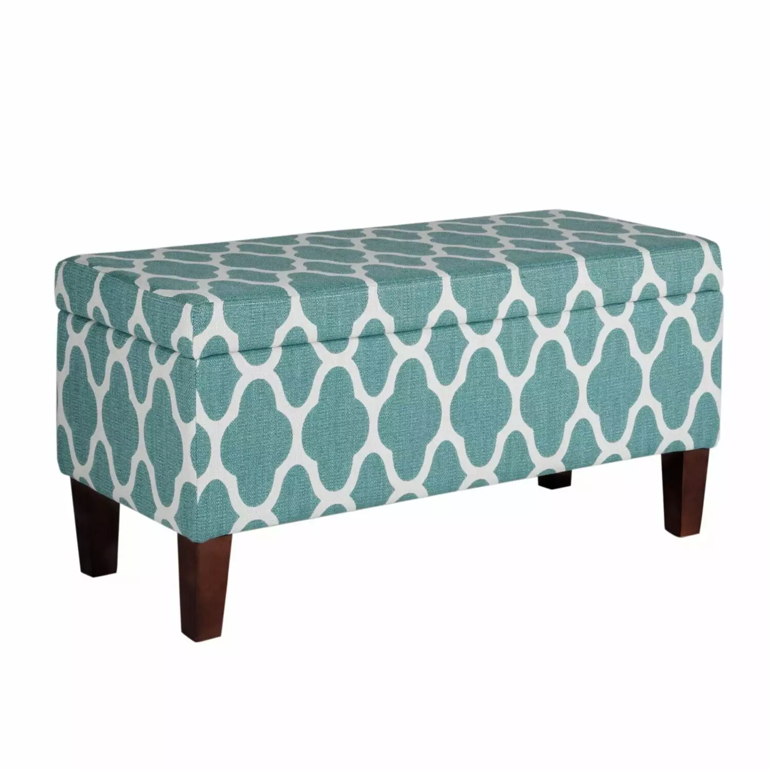 Benjara Quatrefoil Print Fabric Upholstered Wooden Bench Hinged Storage - Teal Blue and Cream Benches