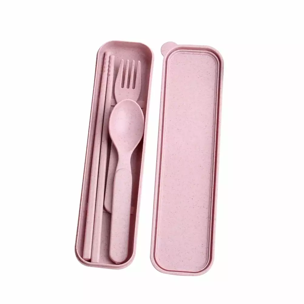 Guiyong Wheat Straw 3-Piece Spoon Chopsticks Fork Utensil Set Kids Travel Camping Pink